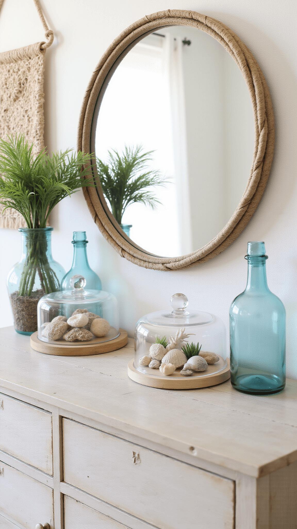 Whitewashed dresser with circular rope-framed mirror, decorated with cloches of shells and coral, vintage blue bottles, and air plants in soft morning light.