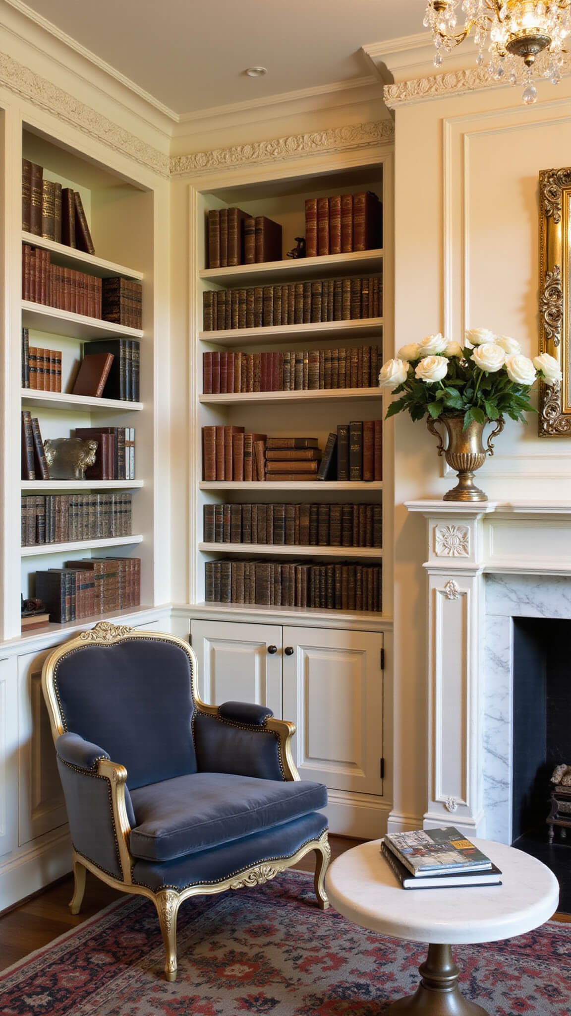 Parisian-style home library at twilight with ornate cream and gold built-ins, crystal chandelier, slate velvet bergere chair by marble fireplace, and fresh white roses in silver vase.