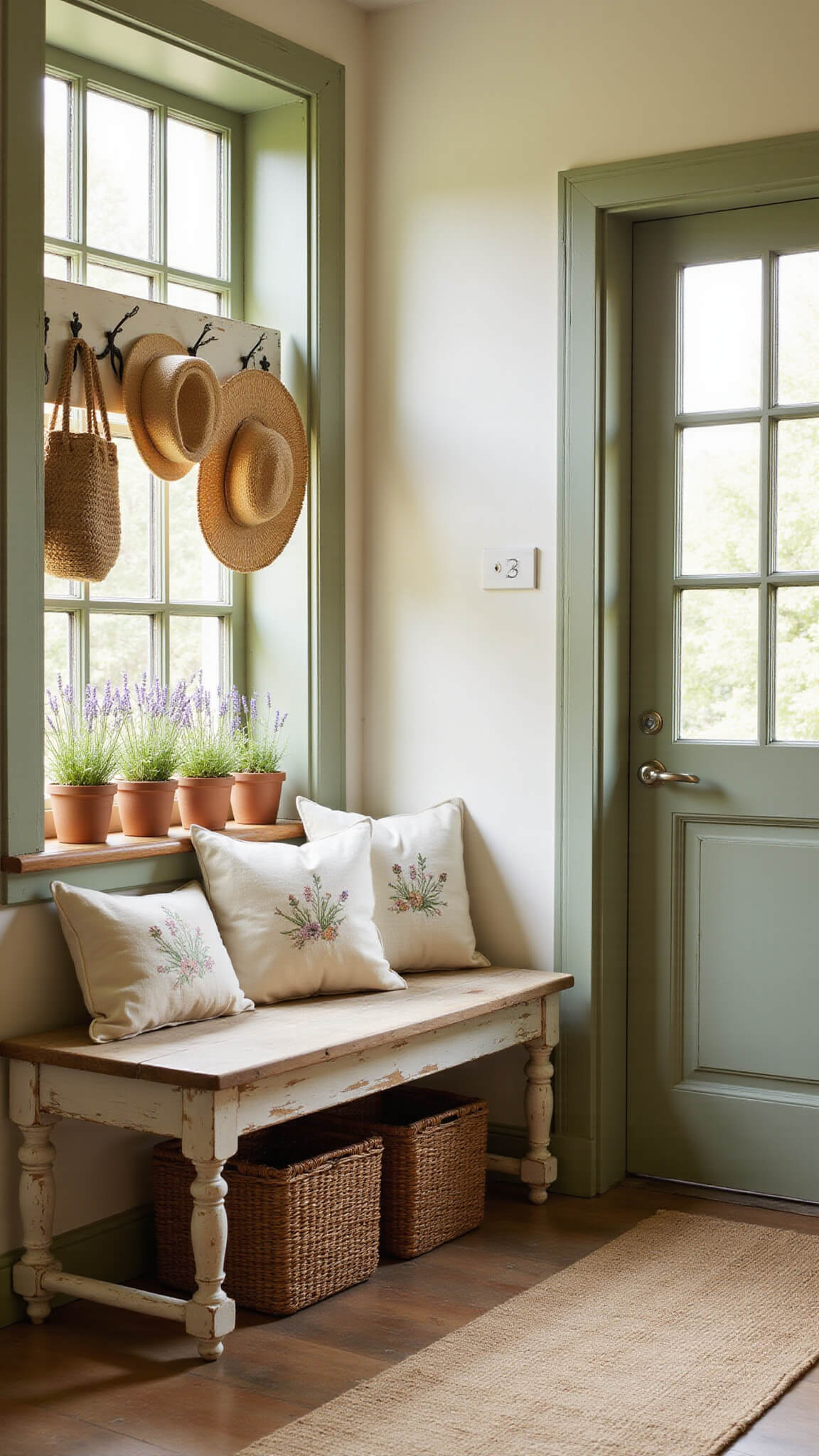 Cozy cottage entryway with oak bench, embroidered cushions, straw hats, and potted herbs bathed in soft morning light.