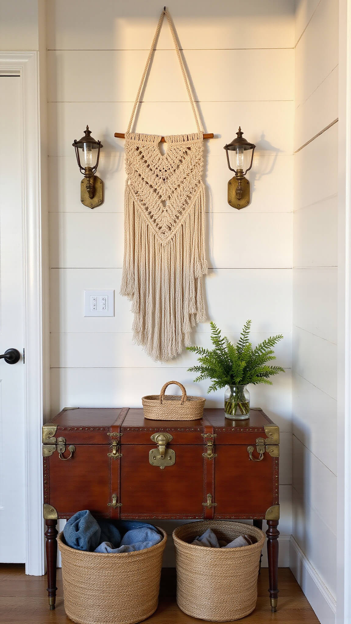 Cozy 6x8ft entryway with vintage chestnut leather trunk, creamy white shiplap walls, macramé wall hanging, seagrass baskets with throws, antique brass sconces, and warm mixed lighting.