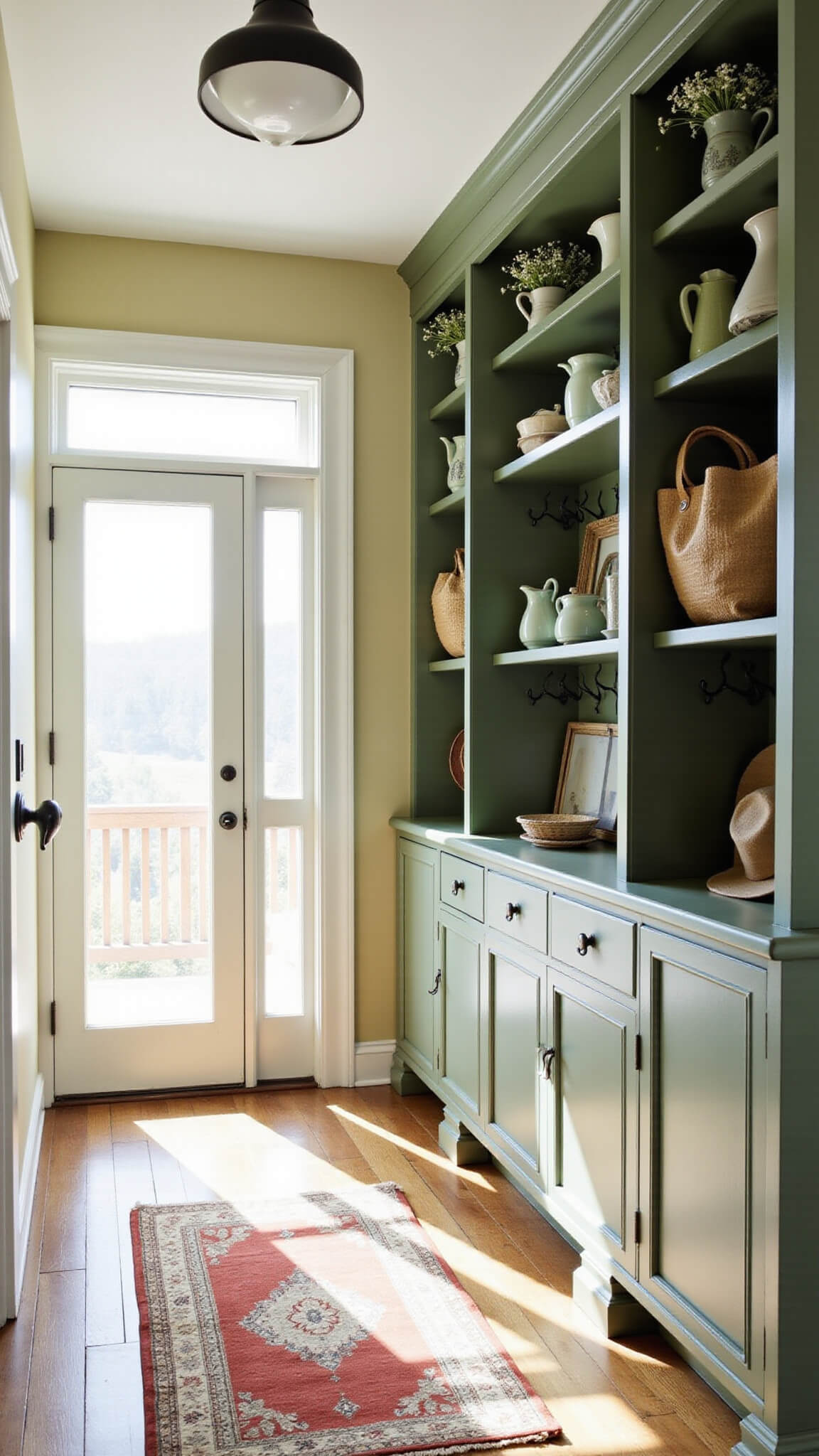 Farmhouse entryway with sage green built-in storage, wildflowers in vintage pitchers, terracotta Persian rug on oak floor, sun hats on hooks, and morning light through transom window.
