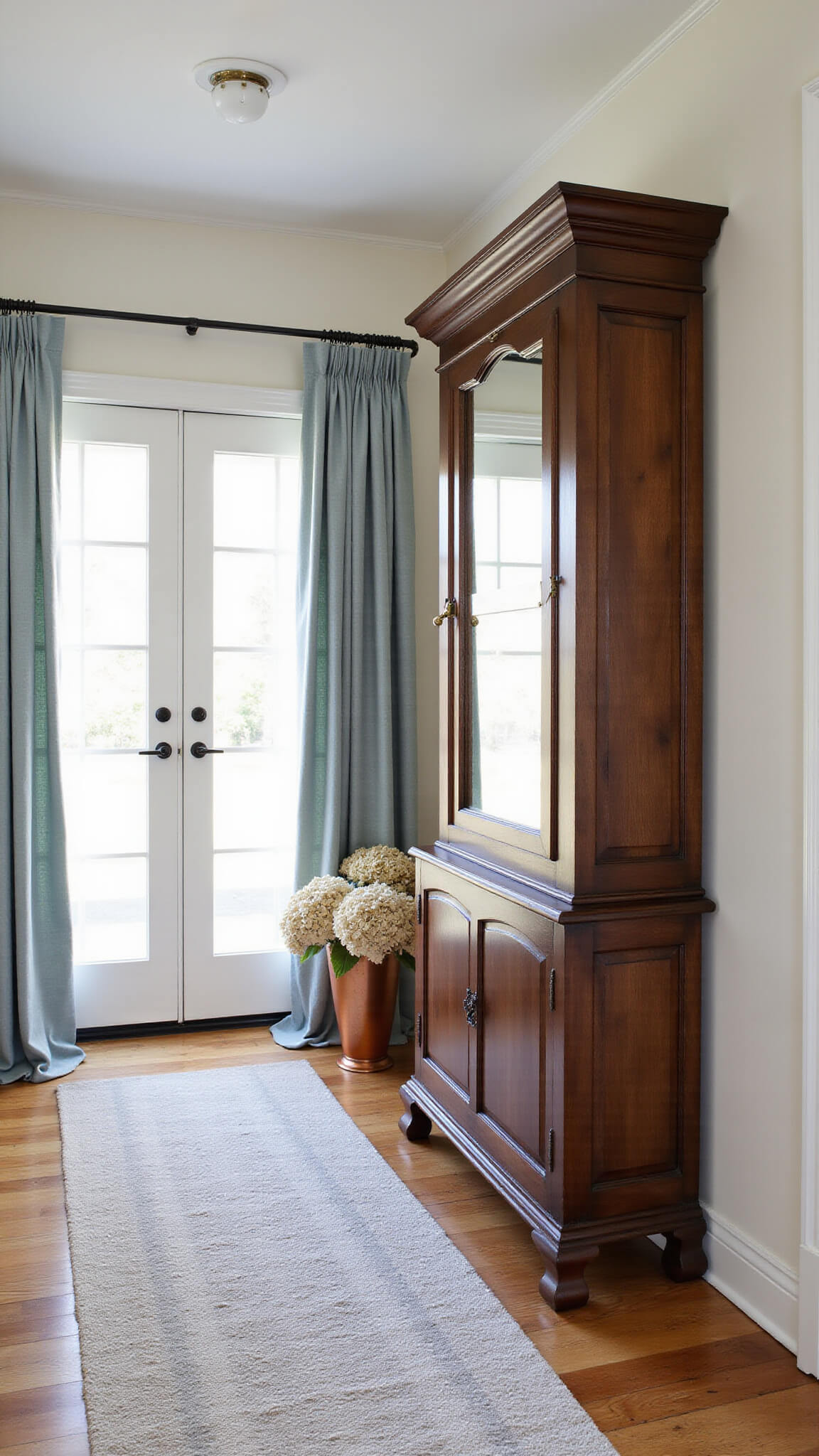 Victorian hall tree in dark walnut with brass hardware and mirror in cozy 7x9ft entryway, soft linen curtains, wool runner, copper vessel with dried hydrangeas.