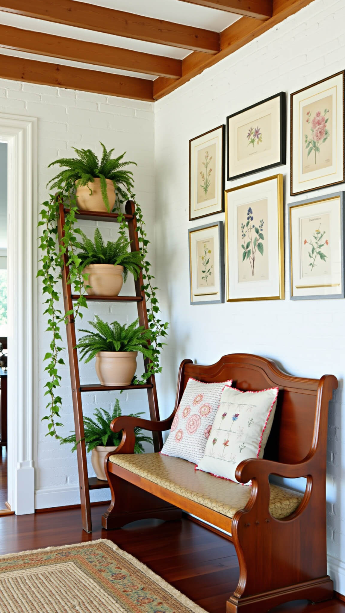 Bright cottage entrance with exposed beams, whitewashed brick walls, vintage ladder plant stand, antique pew with quilted cushions, and botanical print gallery wall.