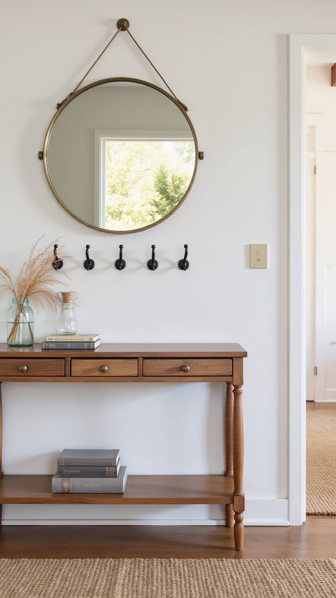 Modern cottagecore entryway with matte black shaker-style hooks on white lime-washed walls, wooden console table with vintage books and dried wheat in glass vases, round brass-framed mirror, jute rug, and golden hour lighting.