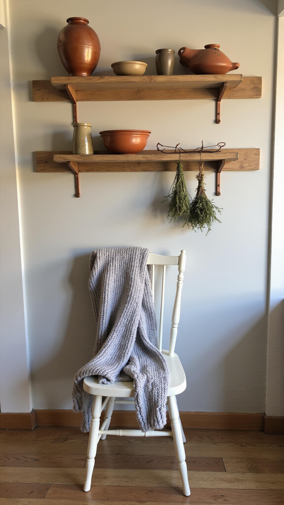 Cozy 6x7ft entryway with antique white spindle-back chair, heather grey throws, floating shelves of earth-toned pottery, hanging dried herbs, and warm golden hour lighting.