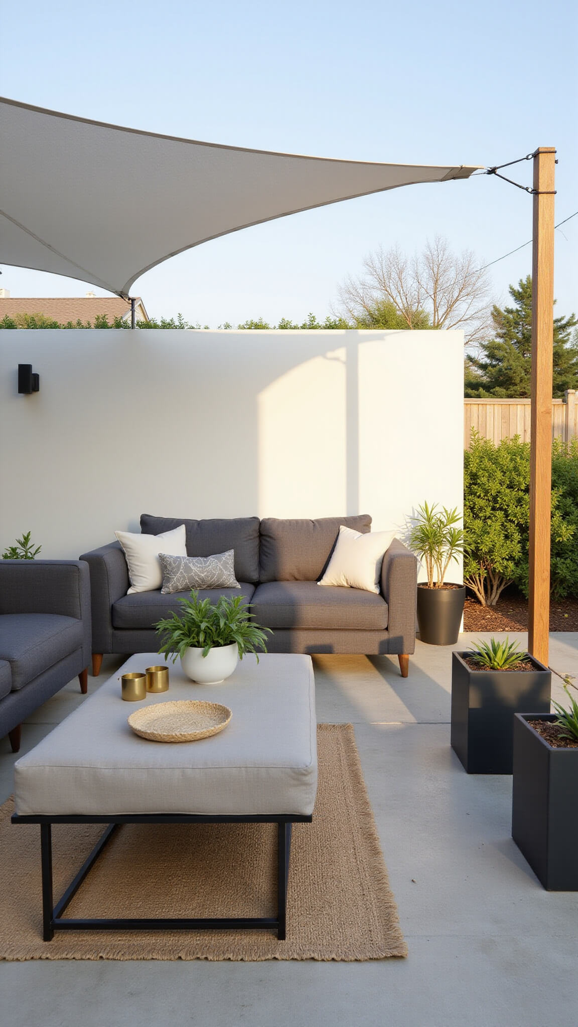 Modern minimalist patio at 5PM with geometric shadows from a white shade sail, charcoal gray furniture, ivory cushions, jute rug, brass accents, and succulents in black planters.