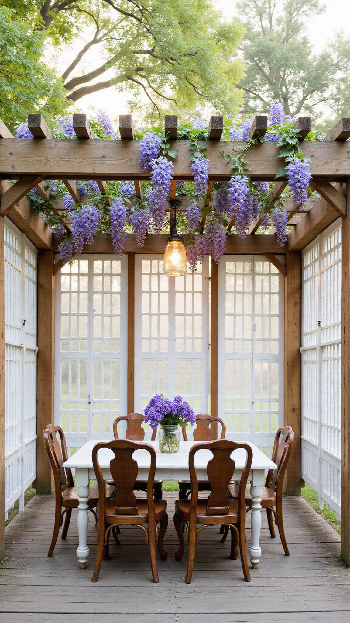 Wide-angle view of a cedar lattice pergola at sunrise with wisteria vines, farmhouse table, mismatched chairs, and hanging mason jar lights on a misty morning.