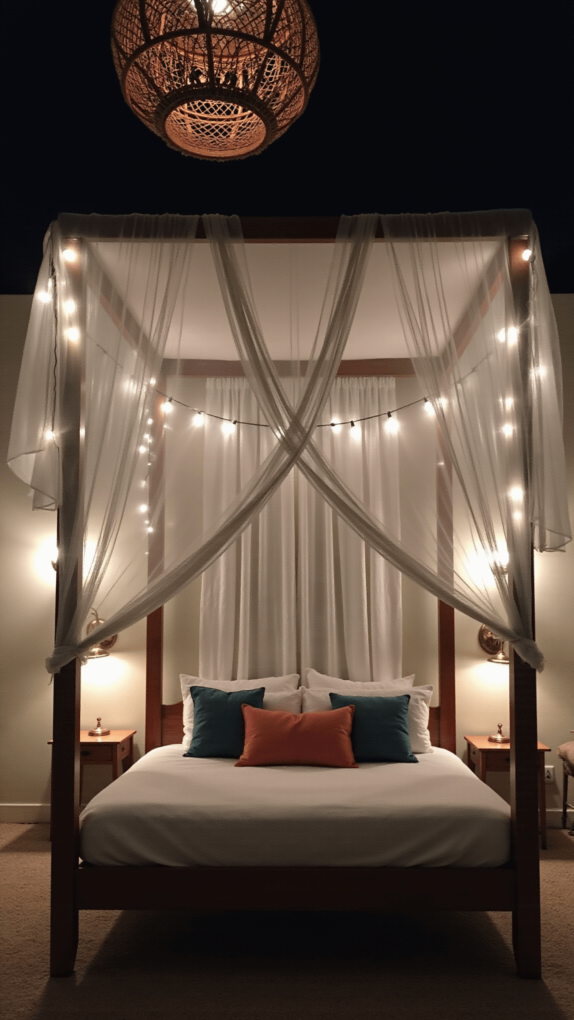 Canopy bed at night with sheer white panels, soft white and cream linens, blue and coral pillows, rattan pendant lamp, string lights, and warm brass sconces in a cozy, romantic setting.