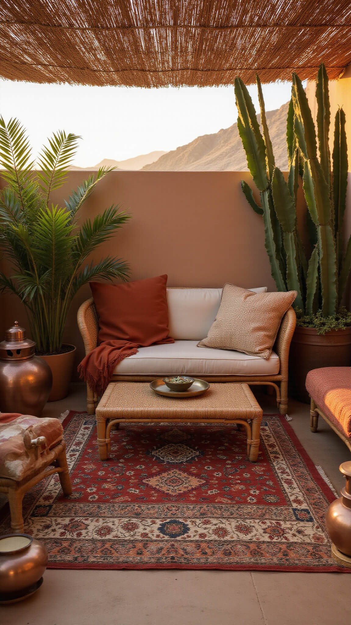 Bohemian 10x12ft patio with rattan furniture, Moroccan rugs, and floor cushions under a reed mat roof, bathed in golden hour light.
