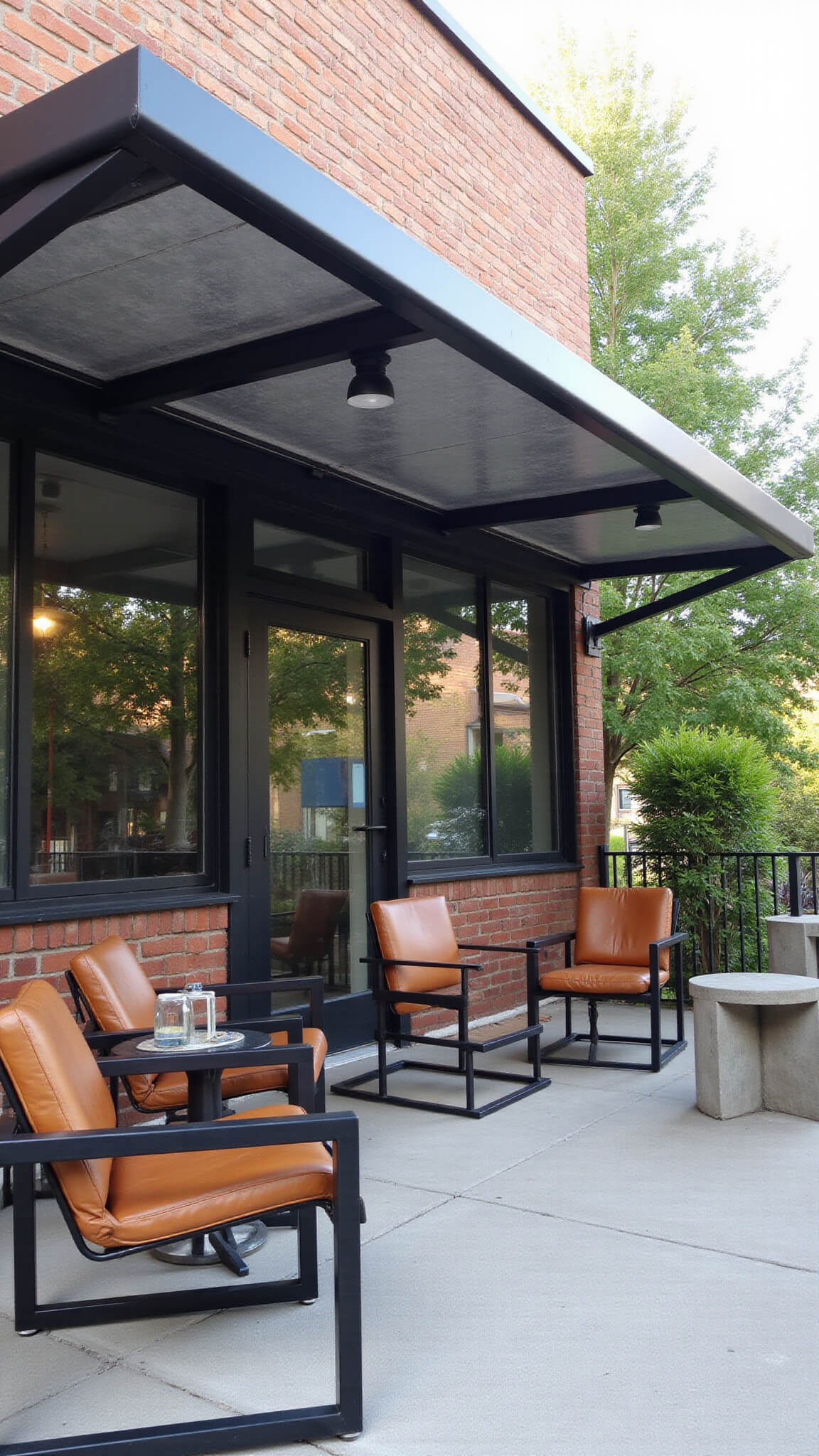 Industrial-style covered patio with vintage metal awning, concrete flooring, steel and leather furniture, and lush green plants, photographed at midday with dramatic side lighting.