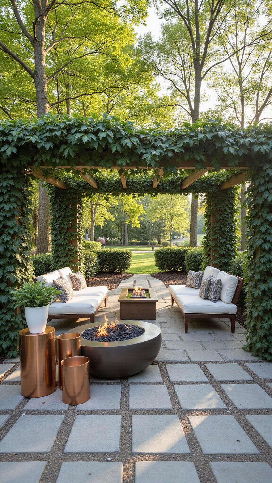 Early morning sunlight filters through dense vine canopy over a 16x20ft patio with modern seating around a fire pit, stone pavers, copper accents, and garden backdrop.