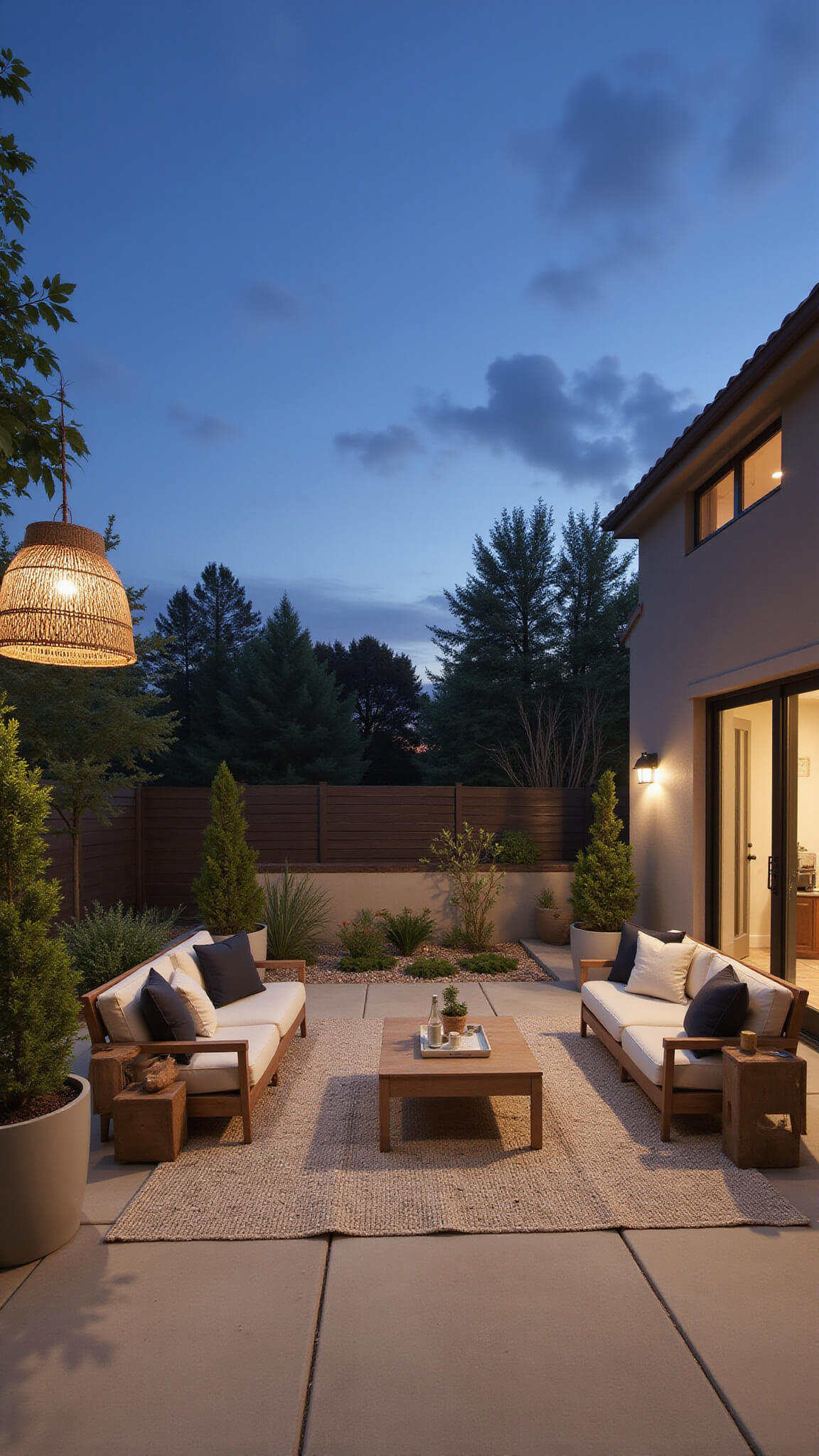 Blue hour view of a 12x15ft neutral-toned patio with woven pendant light, textured rug, linen seating, mixed material planters, structured topiary, and contrasting surfaces of concrete, stone, and textiles in greige, charcoal, ivory, and bronze.