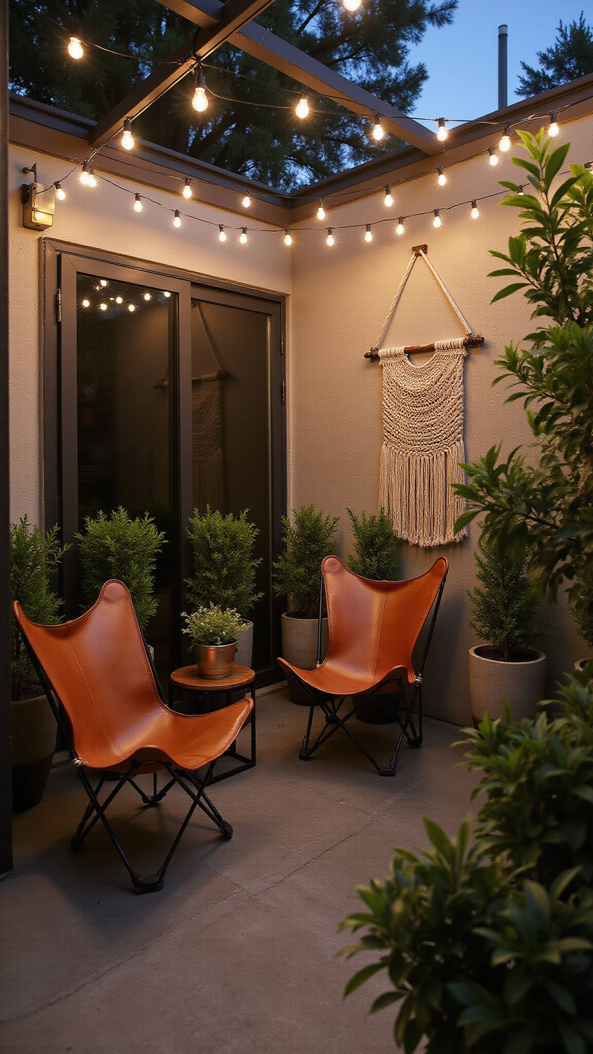 Cozy bohemian-industrial patio at dusk with string lights, leather butterfly chairs, concrete planters, and macramé decor.