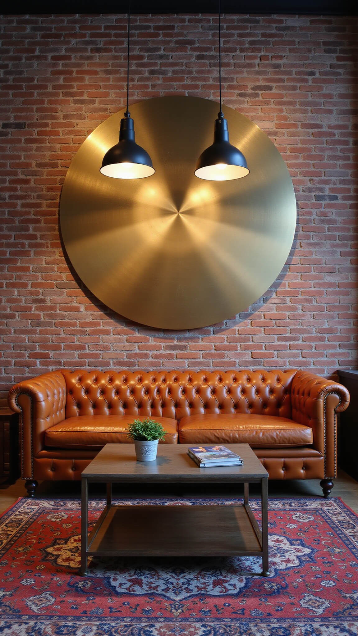 Contemporary urban loft with exposed brick wall, brass geometric sculpture above cognac leather Chesterfield sofa, vintage jewel-toned rugs, and industrial pendant lighting at blue hour.