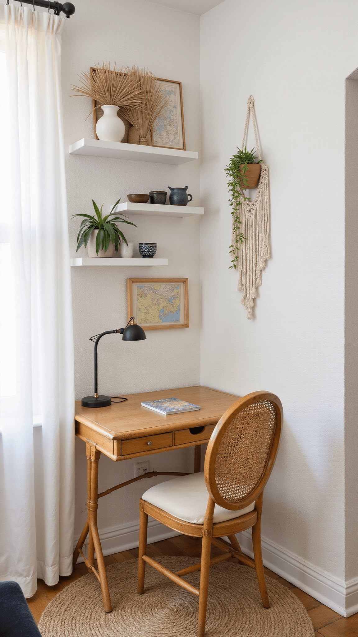 Early morning workspace with vintage bamboo desk, rattan chair, floating shelves holding pottery and vintage maps, macramé wall hanging, trailing plants, and soft light through sheer curtains.