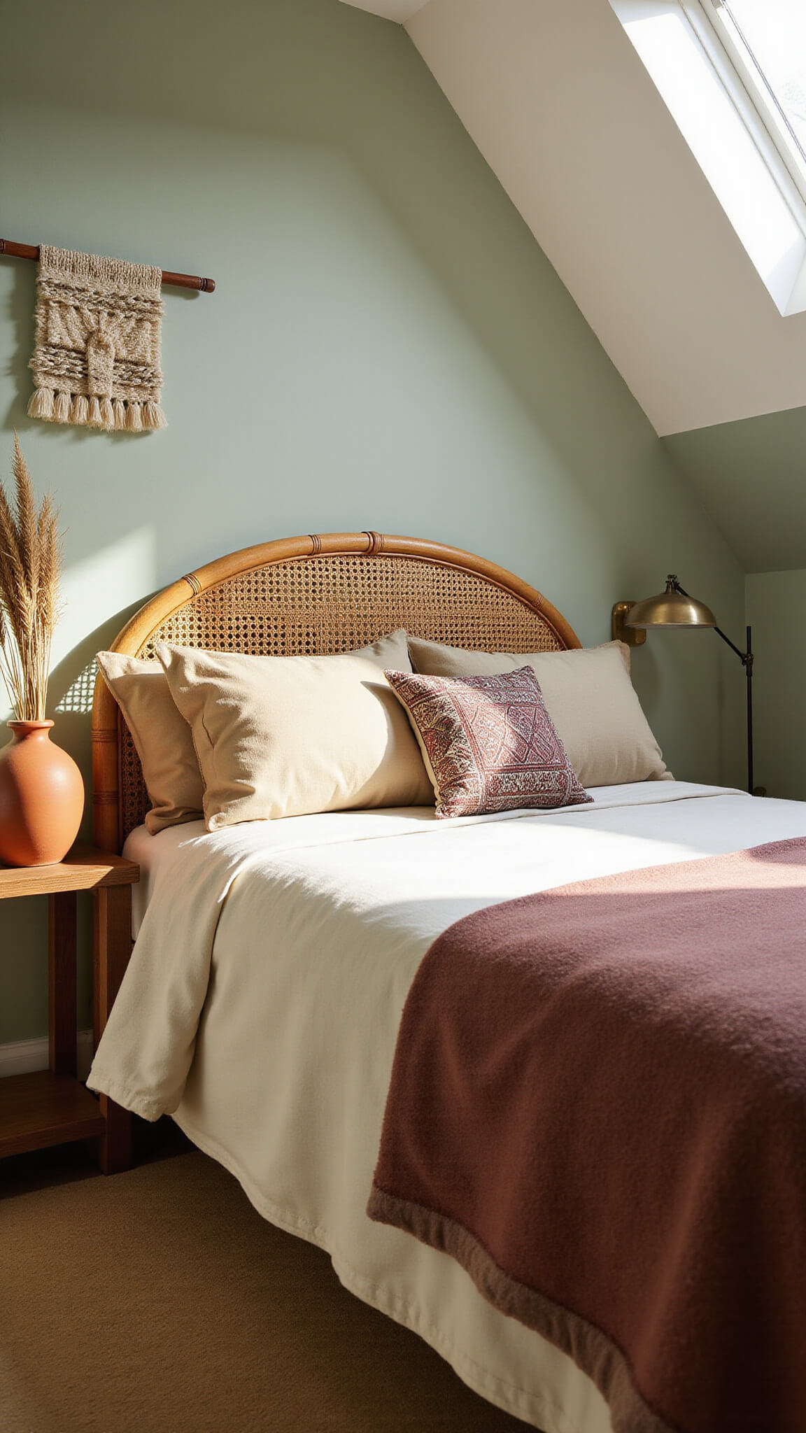 Cozy 11x13ft bedroom at sunrise with vaulted ceiling and skylights, rattan headboard against sage green wall, layered natural bedding, pampas grass in vase, and handwoven wall hanging in soft morning light.