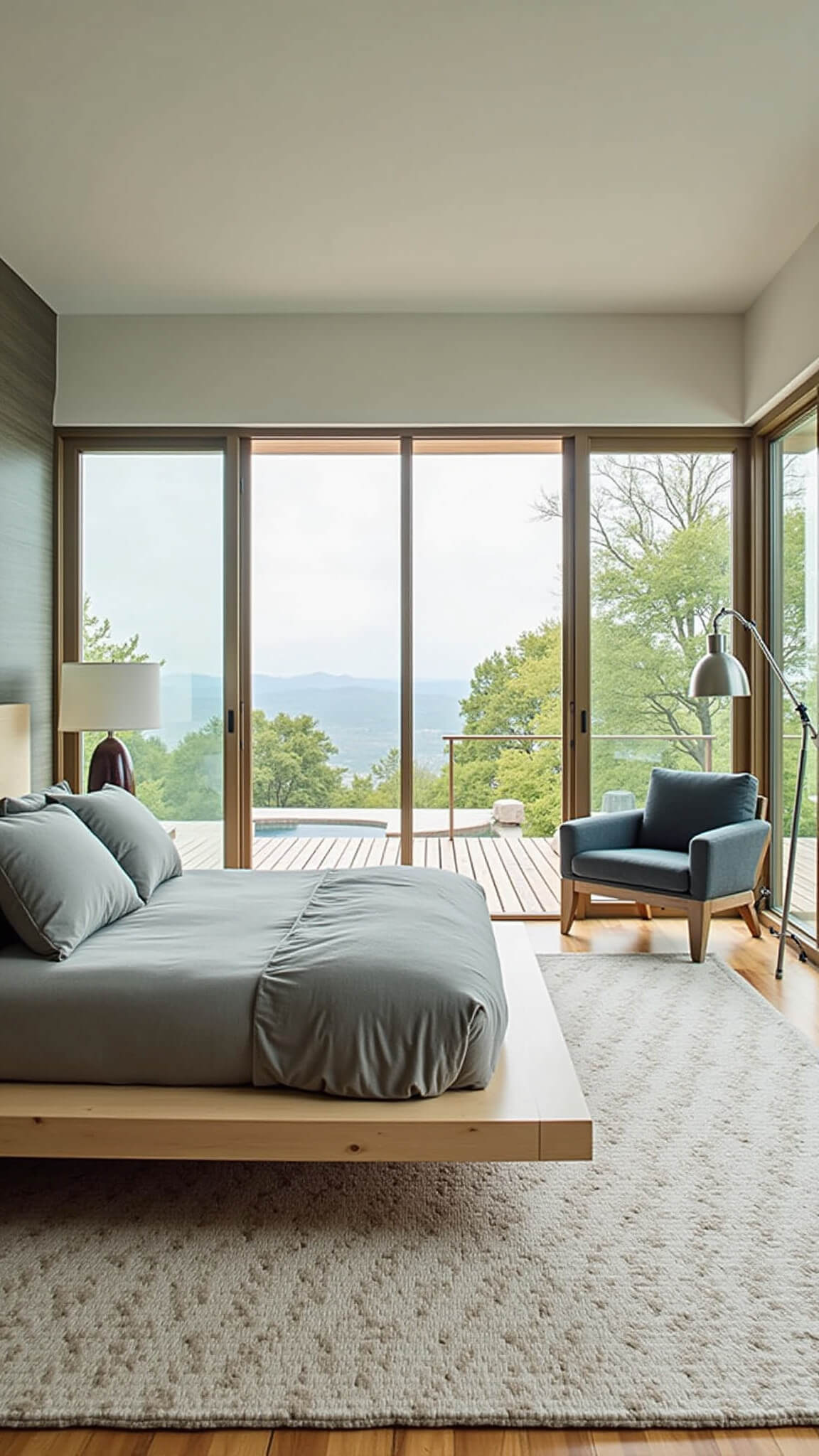 Modern 15x17ft bedroom with floor-to-ceiling windows, platform bed in bleached maple, grey organic bedding, ceramic lamps, abstract wool rug, and natural outdoor view.