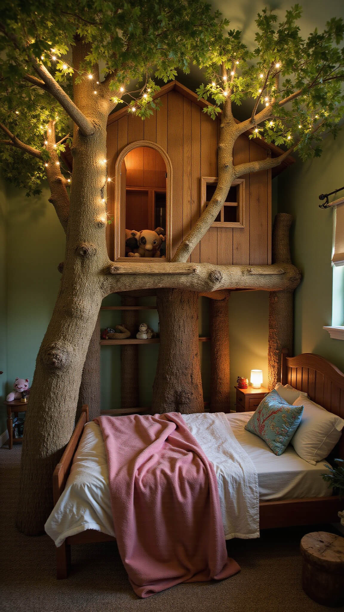Children's bedroom with treehouse bed, fairy lights, leafy canopy, and woodland decor in green, brown, and pink tones.