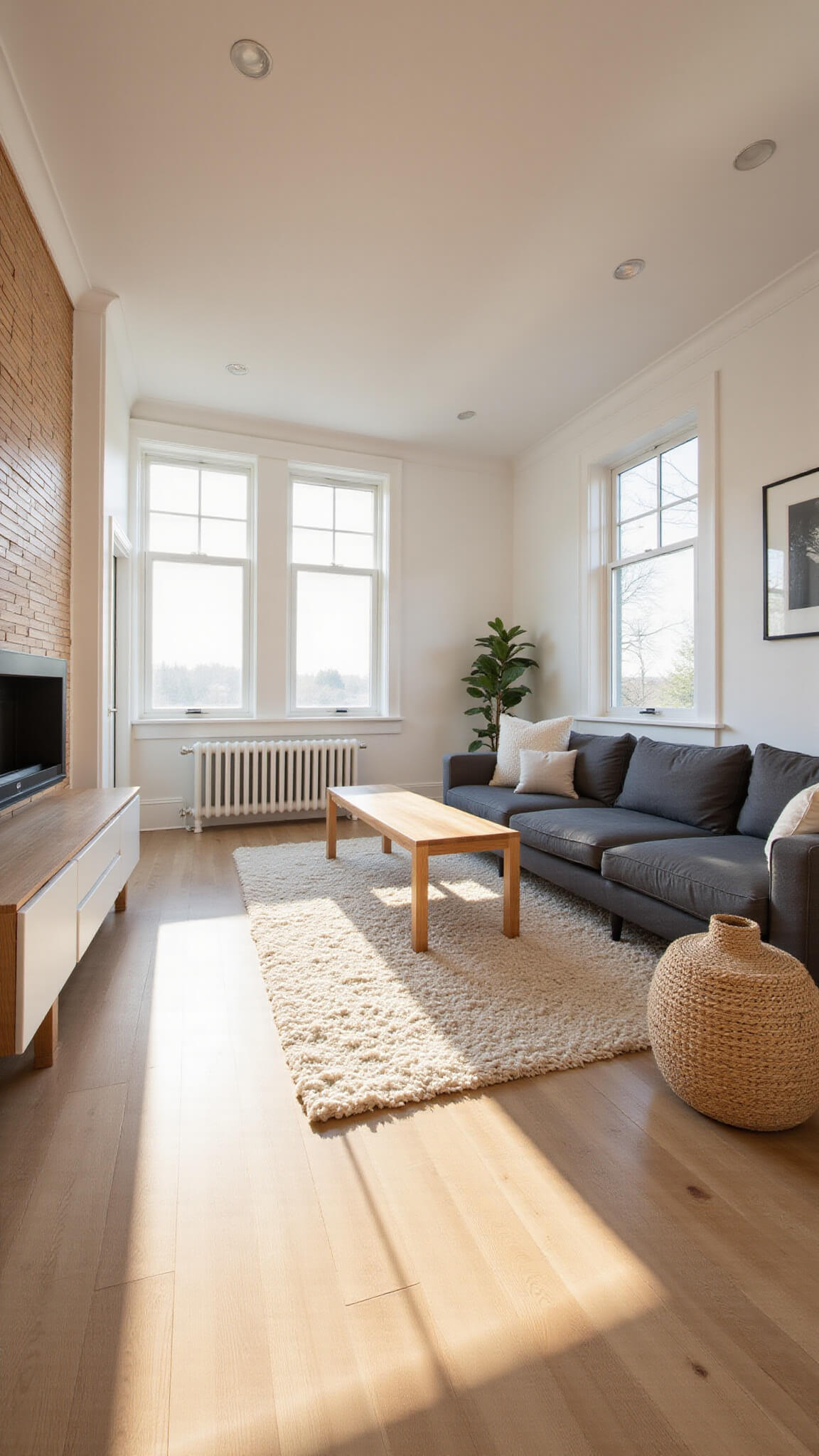 Minimalist living room with charcoal sectional, oak floors, and warm golden hour light through floor-to-ceiling windows.