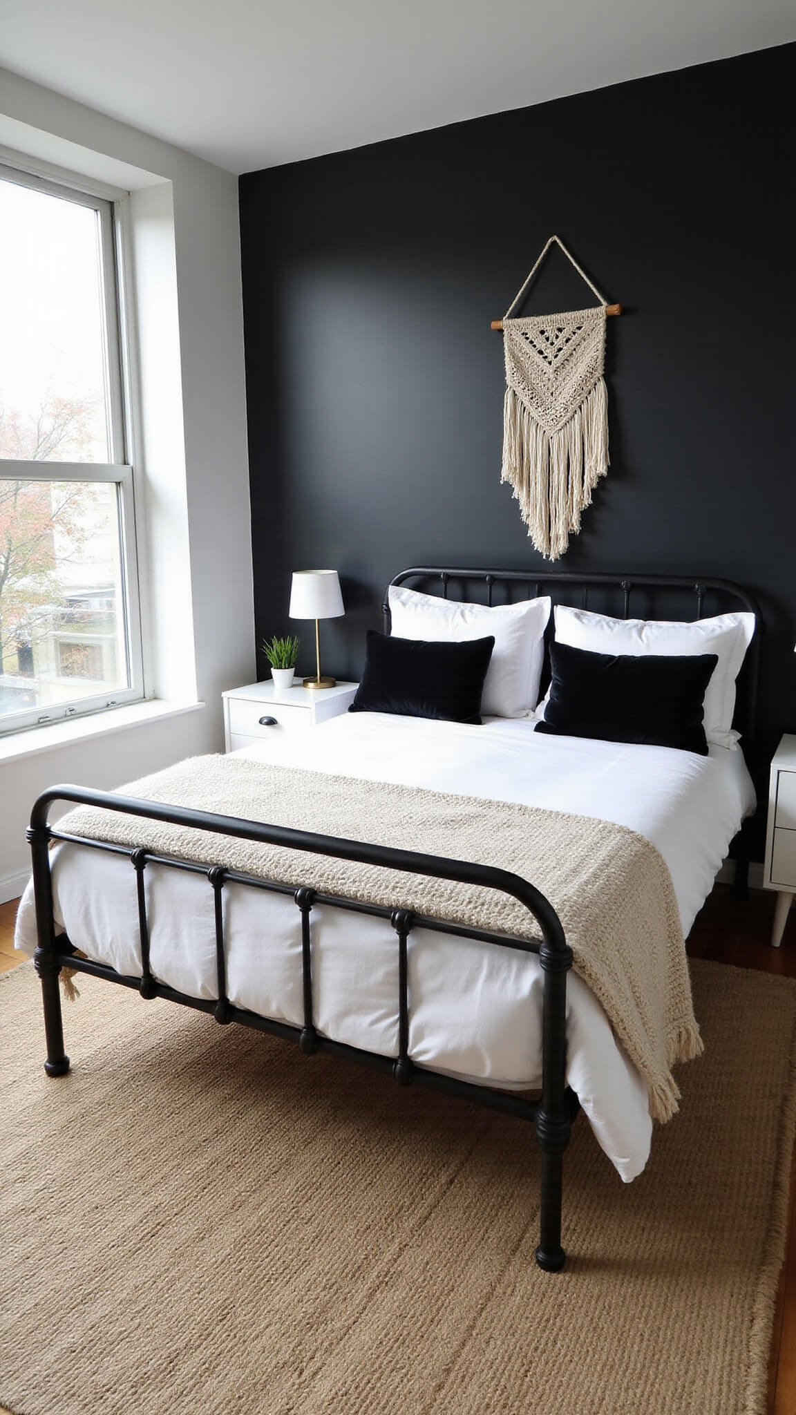Contemporary 14x16ft bedroom with black metal bed, white linens, textured throws, black accent wall with macrame, jute rug, and morning light through floor-to-ceiling windows.