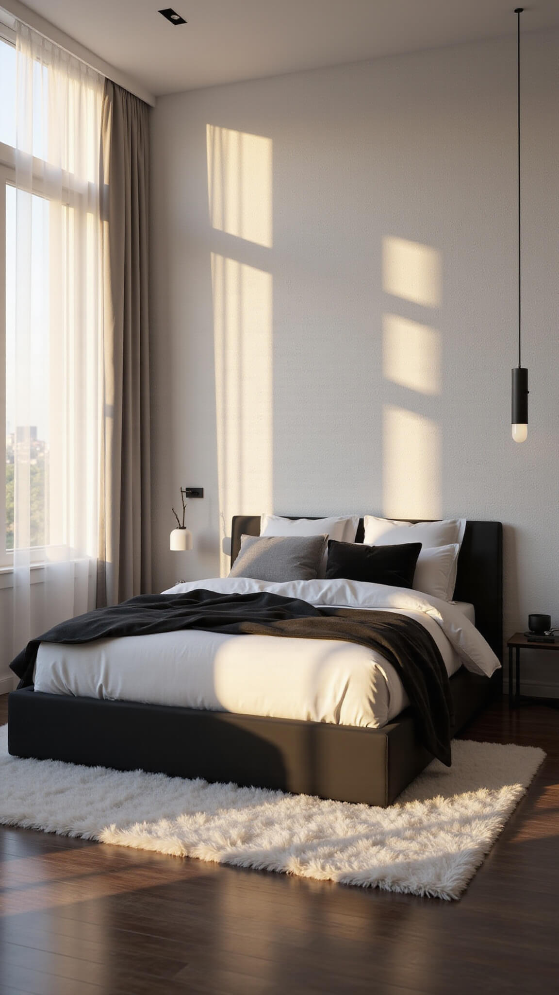 Modern luxe 12x12ft bedroom at golden hour with minimalist black platform bed, layered neutral bedding, sheer curtains casting long shadows, white textured feature wall, plush white rug on dark hardwood floors, and black metal pendant light above.