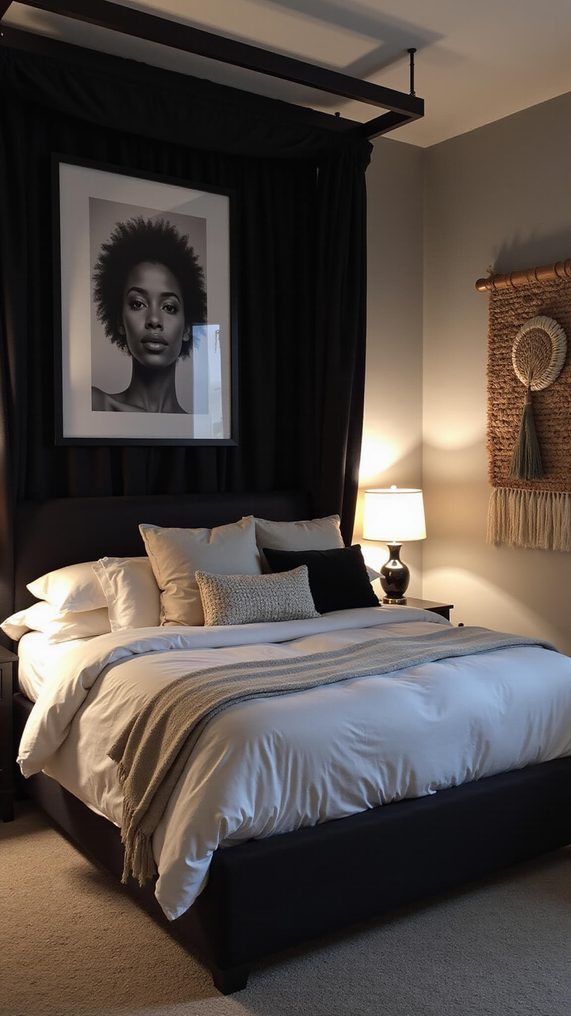 Spacious 16x18ft primary bedroom at dusk with ambient floor lamp lighting, black canopy bed with layered white textured bedding, abstract black and white photo above, and woven wall hanging, viewed from high angle for dramatic elegance.