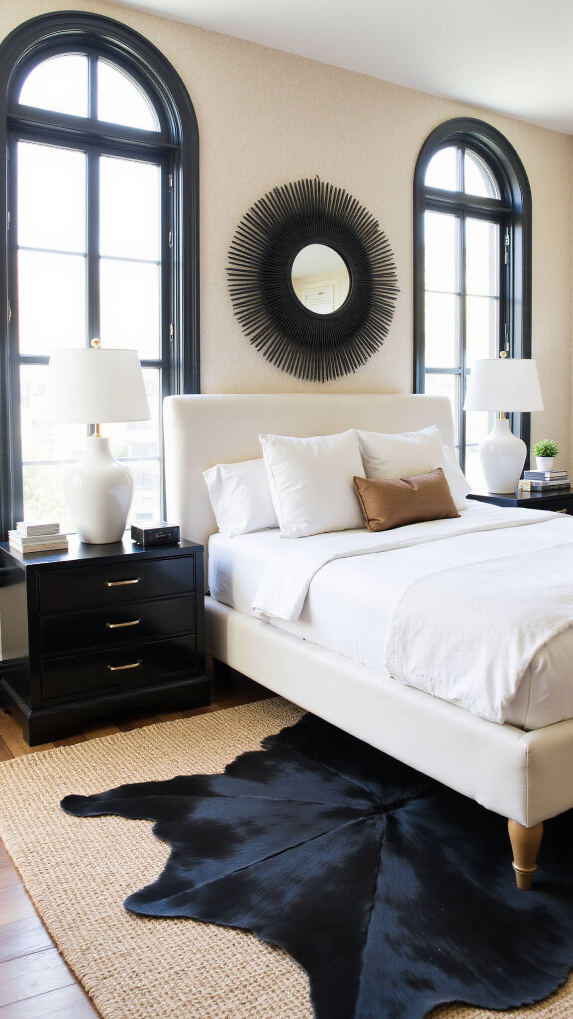 Sunlit 13x14ft bedroom with arched black-framed windows, white linen bed, black sunburst mirror, layered cowhide and sisal rugs, black nightstands with white ceramic lamps, and basketweave wallpaper.