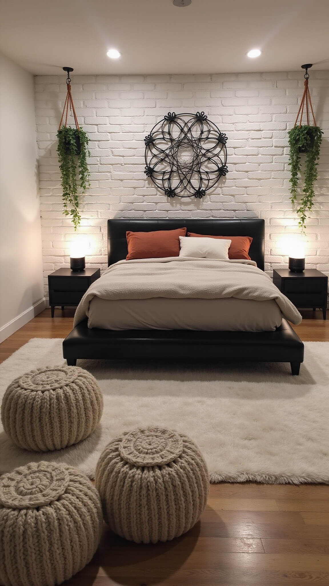 Cozy 12x14ft bedroom at twilight with dim sconces, black leather platform bed on white wool rug, white brick wall with black metal sculptures, ivory knit poufs, and macrame plant hangers with trailing vines.