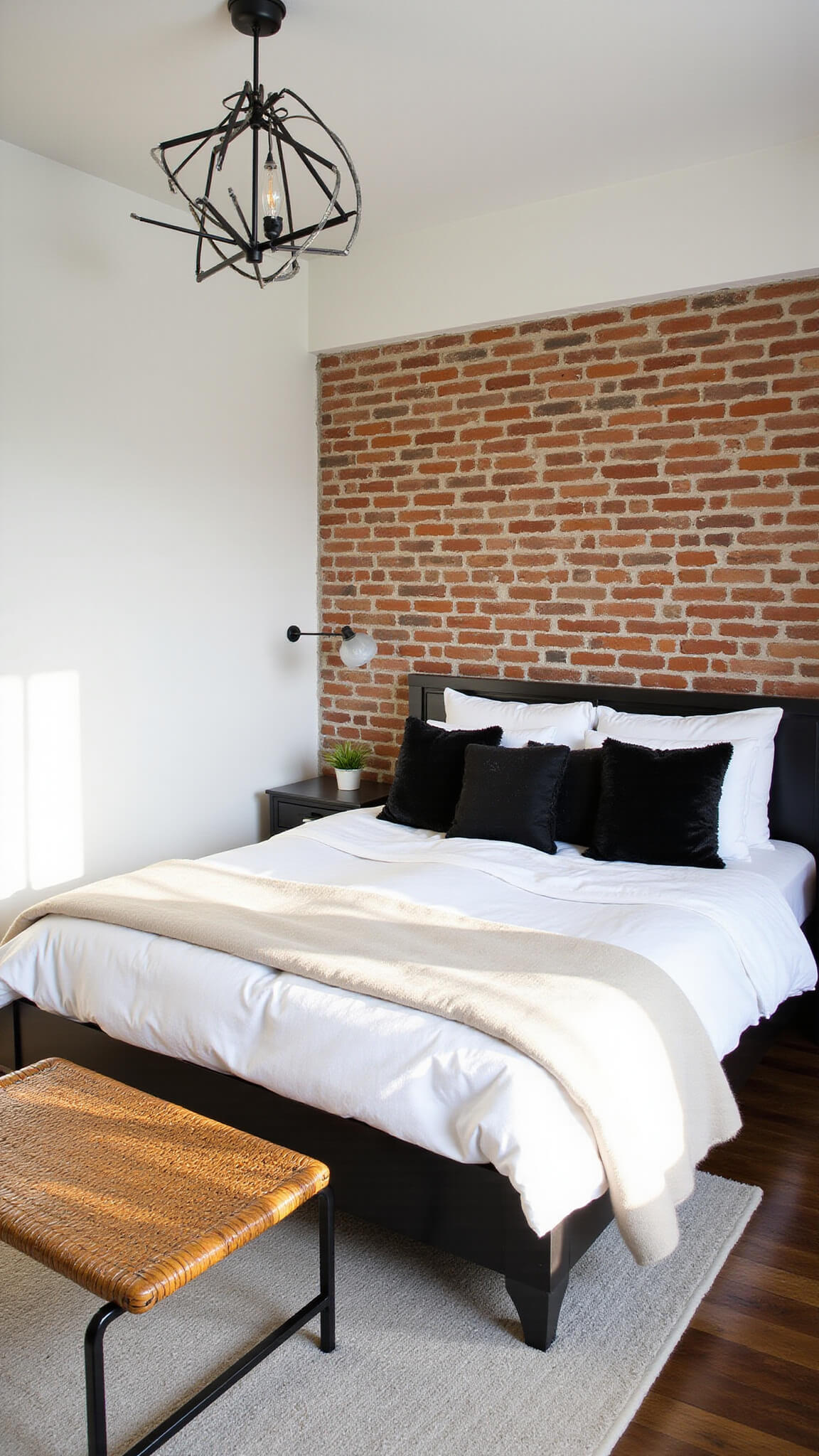 Modern 14x15ft bedroom with morning light on varied white textured walls, low black bed with white bedding, black bouclé pillows, woven leather bench, and geometric black chandelier casting shadows.