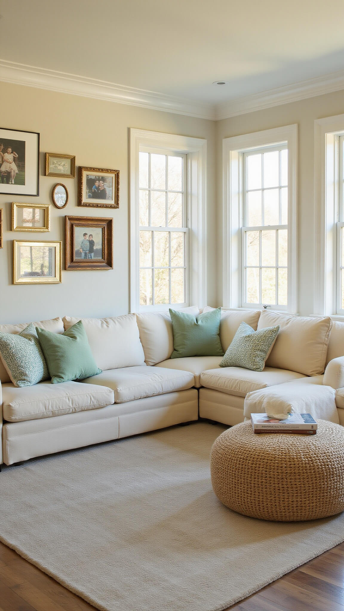 Eye-level view of a spacious 15'x20' living room with high ceilings, bay windows lit by golden hour sunlight, a cream sectional with mint and gold pillows, pastel wool rug, and a metallic-framed family photo gallery wall.