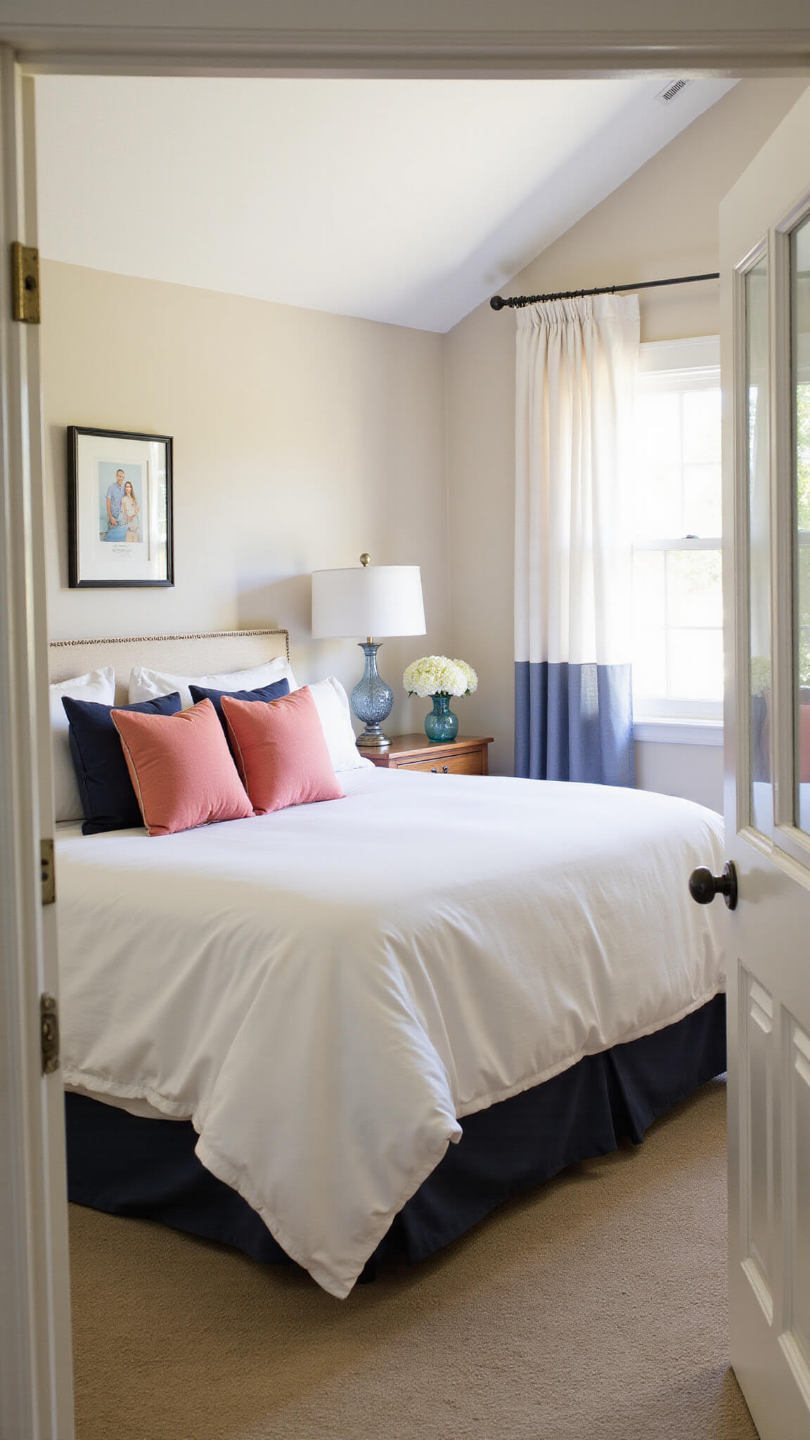 Serene 12'x14' master bedroom with vaulted ceiling, king bed in white linens, coral and navy pillows, crystal lamps on photo nightstands, and blue hydrangeas in mercury glass vases.