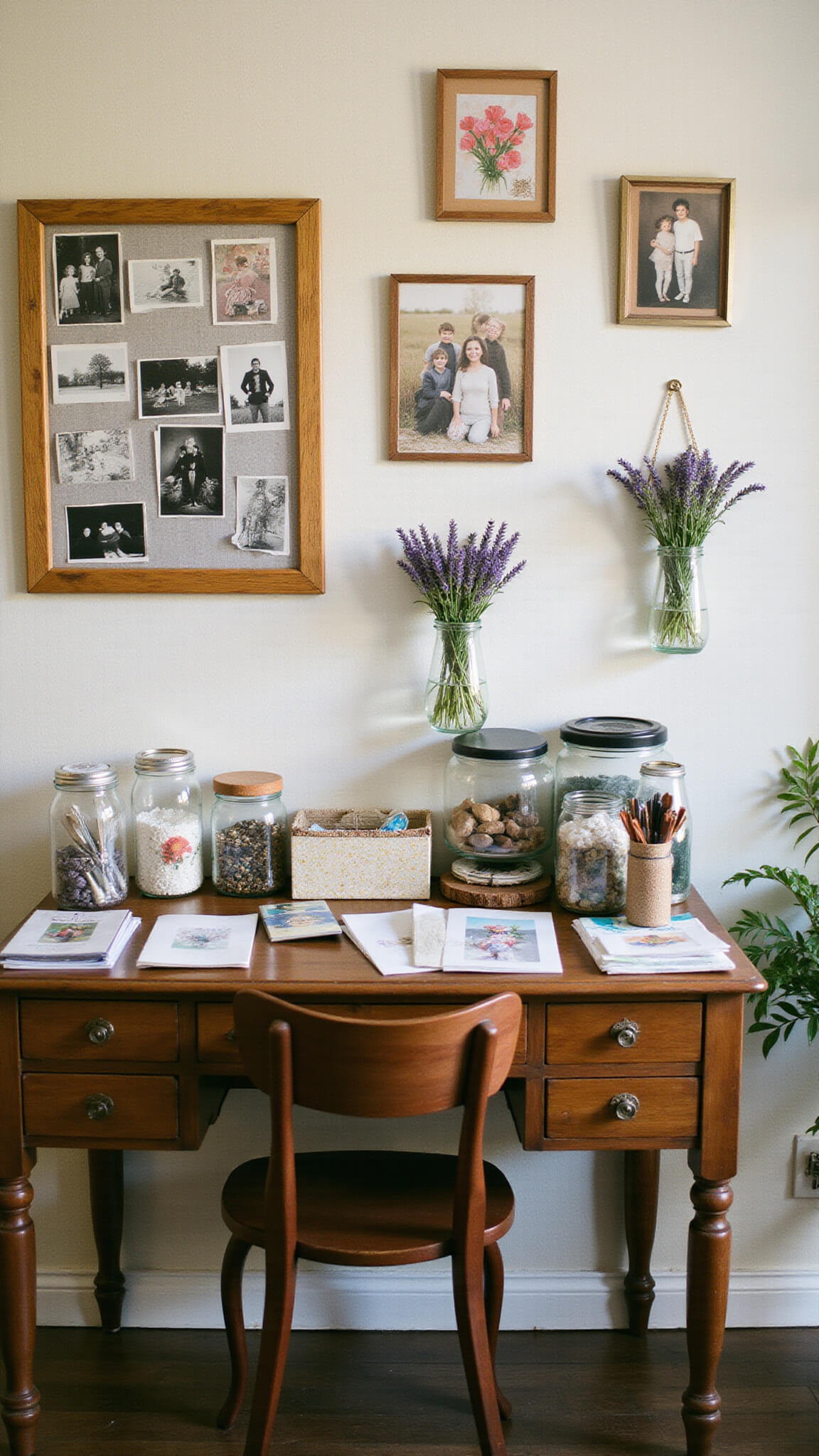 Cozy 10'x12' crafting room with vintage desk, handmade cards, glass jars of supplies, and lavender in mason jars, bathed in soft afternoon light.