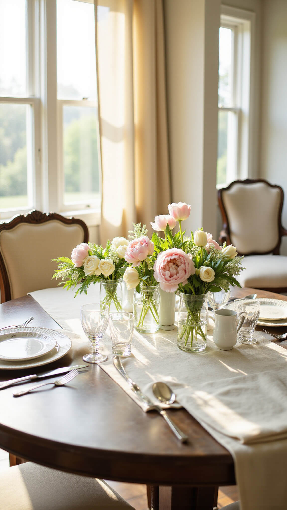 Sunlit dining room with round table, cream linen runner, and pastel flower arrangements, surrounded by linen-upholstered French country chairs.