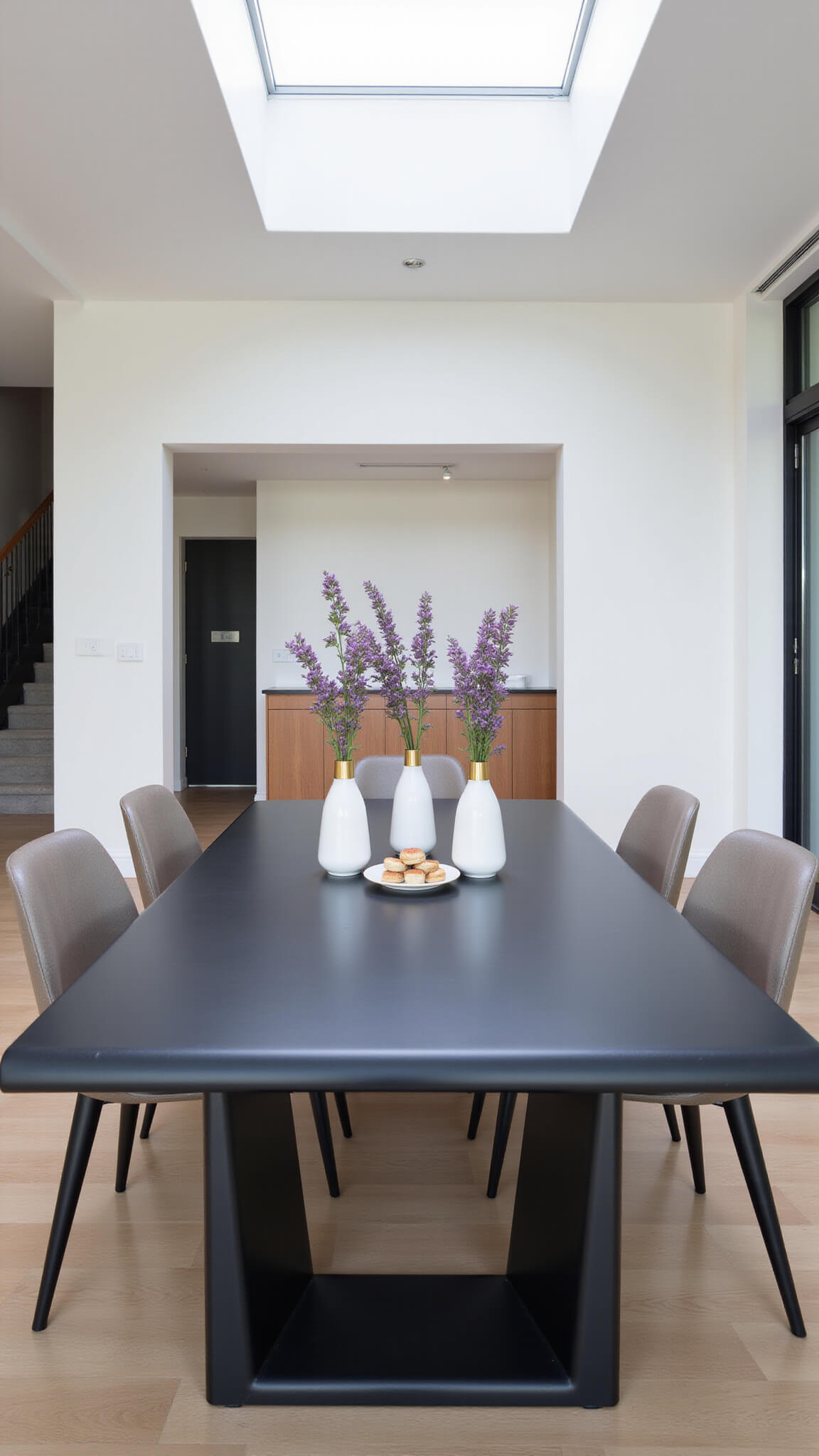 Modern open-concept dining room with matte black rectangular table featuring mercury glass candle holders, white vases with lilacs, and gold-rimmed plates of petit fours, lit by skylight with tilt-shift effect.