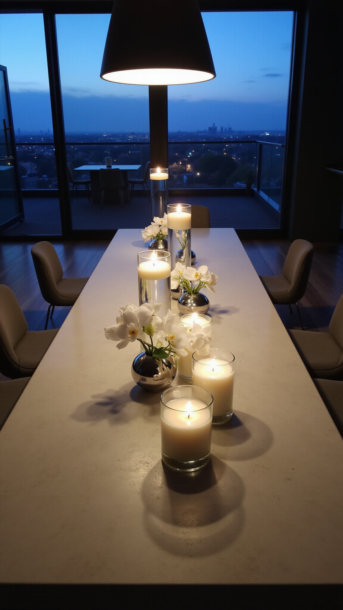 Contemporary dining room at dusk with long concrete table, floating candles, white orchids in chrome vases, and dramatic pendant lighting.