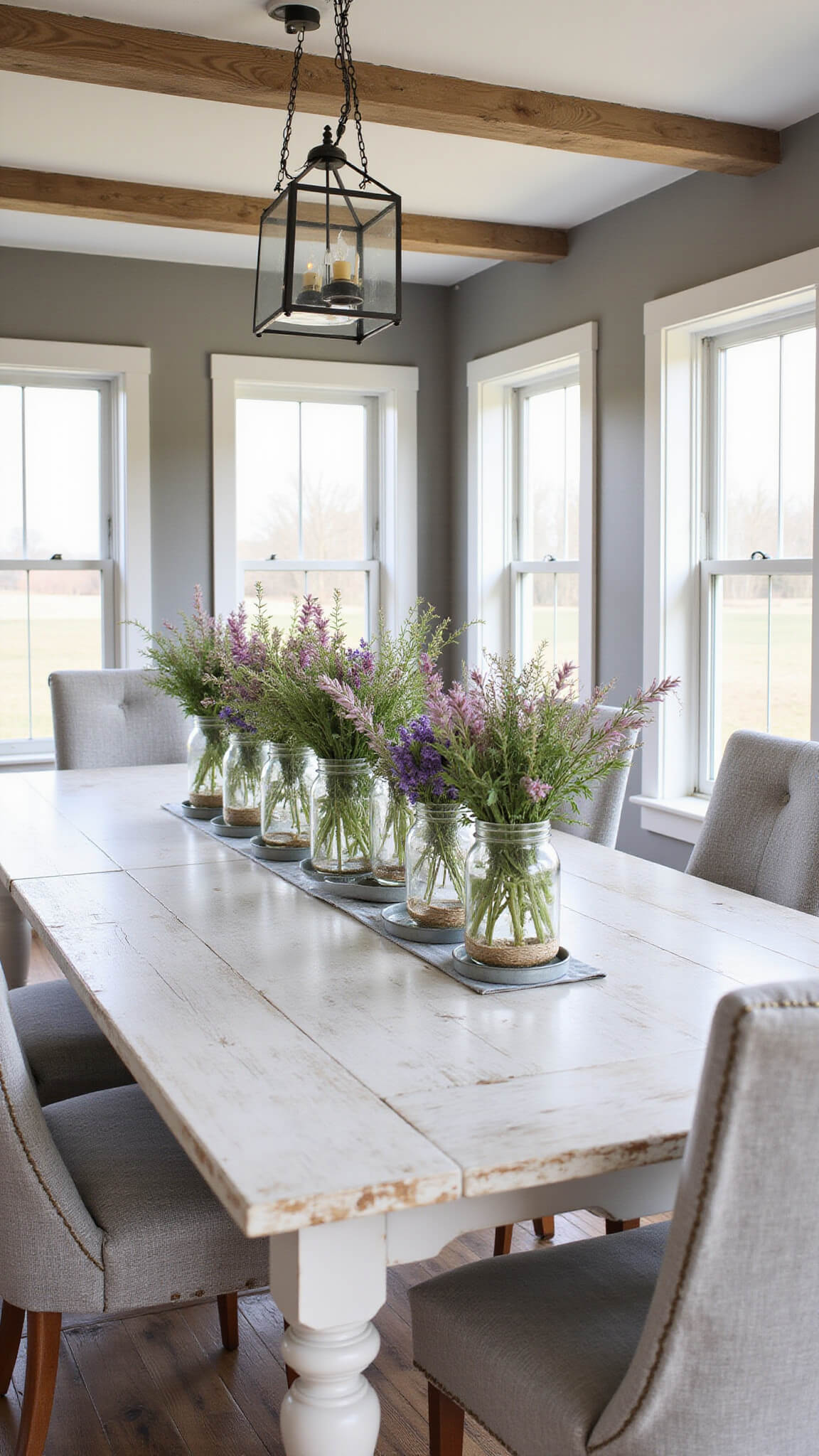 Farmhouse dining room with rustic whitewashed table, wildflower-filled mason jars, metal accents, and exposed ceiling beams in natural afternoon light.