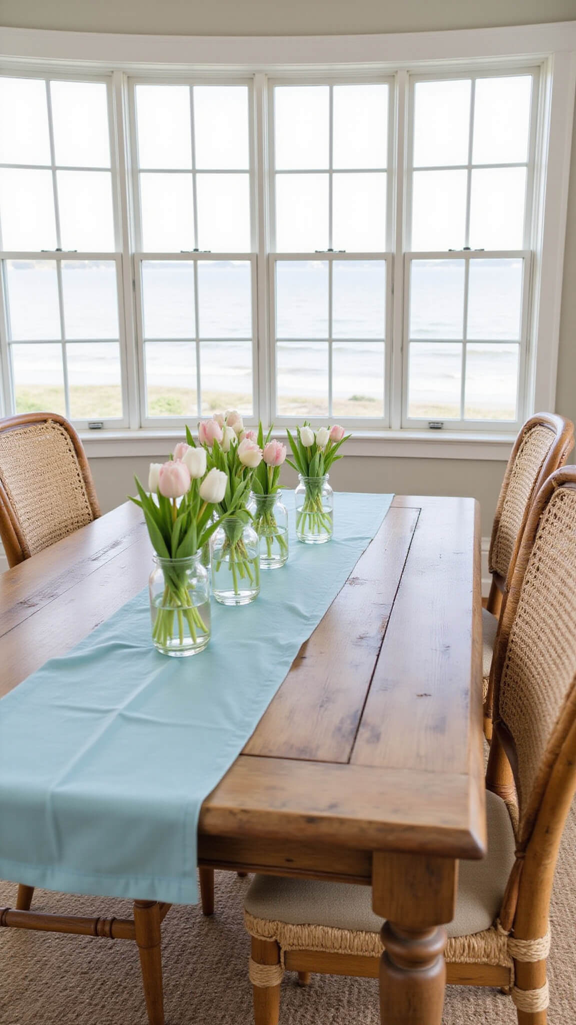 Coastal breakfast room with weathered teak table, pale blue runner, white tulips and pink ranunculus in glass bottles, rattan chairs, natural fiber rug, and large windows overlooking water in bright natural light.