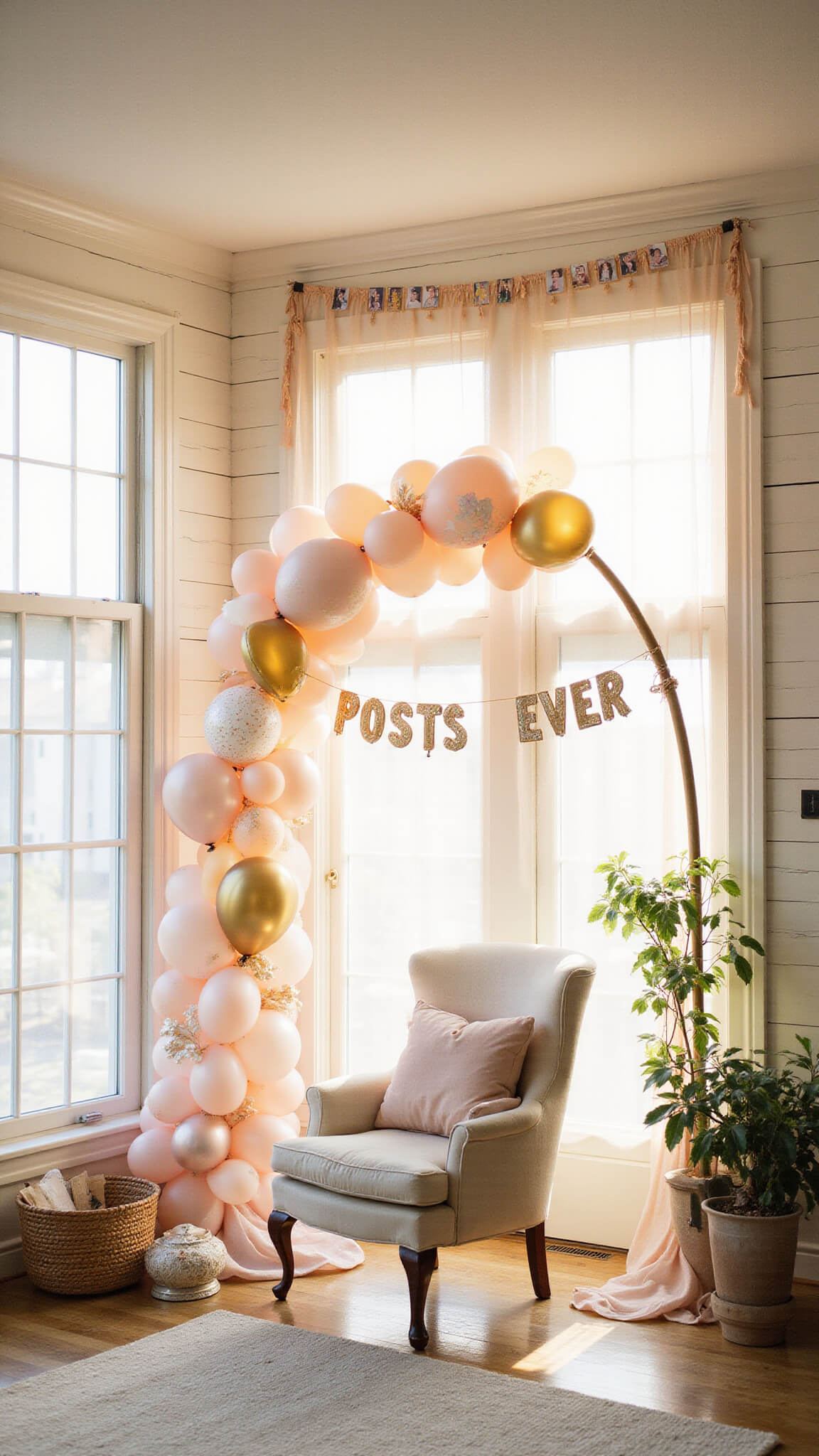Sunlit modern farmhouse living room with 'Best Mom Ever' banner, blush pink and gold balloon arch around vintage wingback chair, and sepia family photo garlands at golden hour.