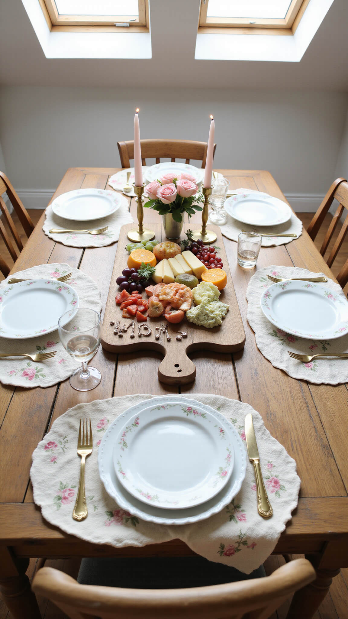 DIY charcuterie board spelling 'MOM' with cheeses and fruits on oak table, surrounded by blush candles, garden roses, and floral tableware in a cozy modern rustic dining space.
