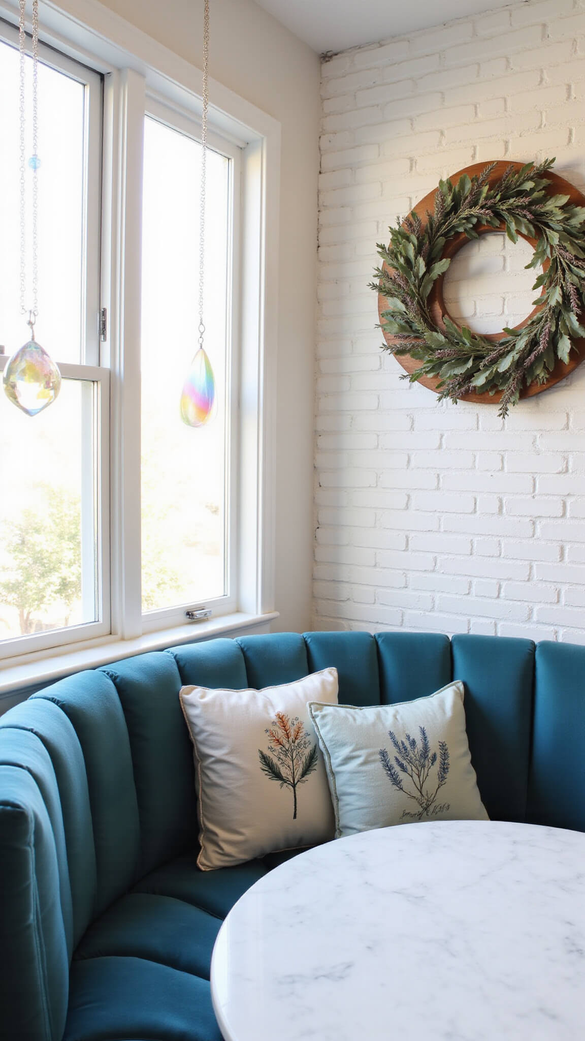 Corner breakfast nook with dusty blue velvet banquette and embroidered cushions beneath a large decorative wreath on white brick wall, accented by morning light and rainbow reflections from crystal prisms.