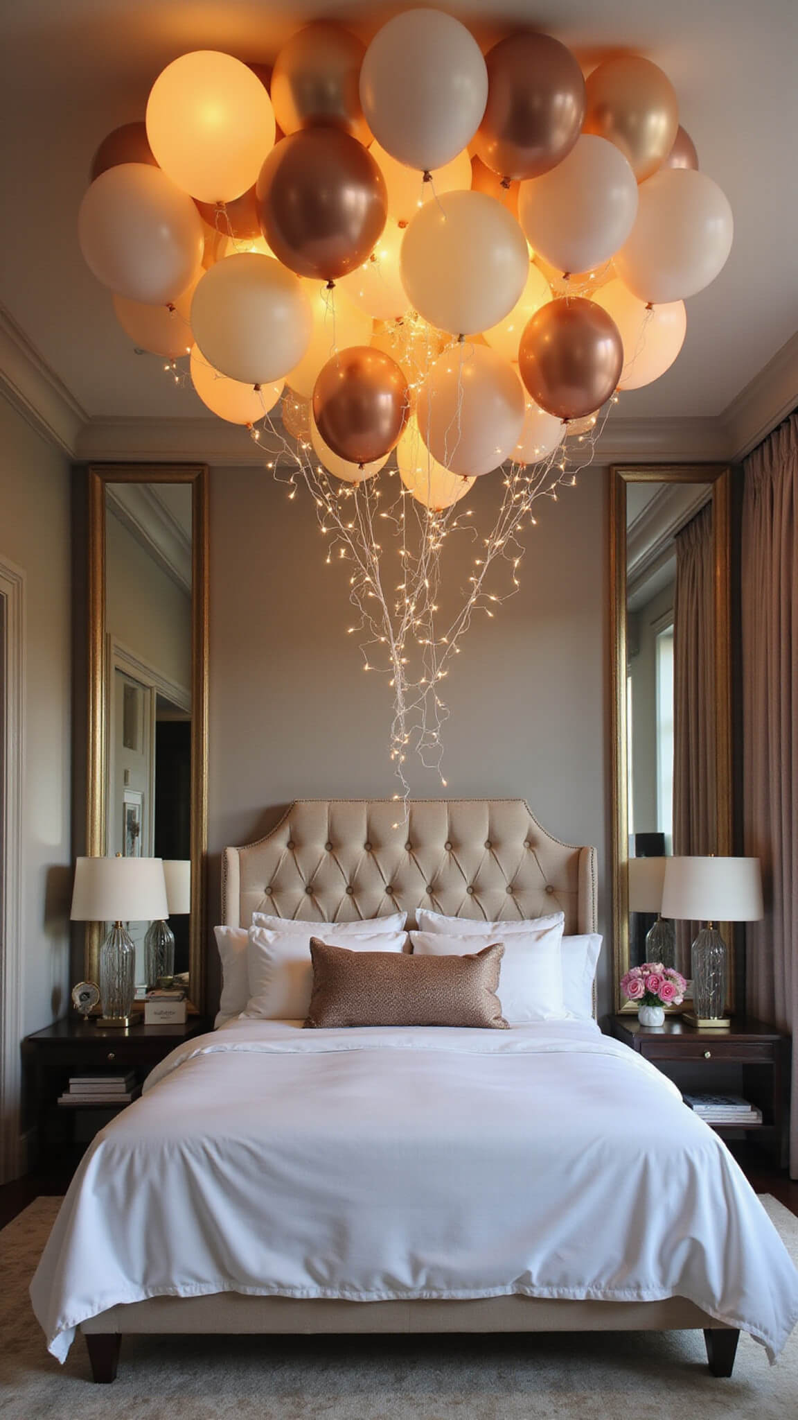 Romantic modern master bedroom at dusk with pastel balloon canopy, tufted linen headboard, fairy lights, velvet drapes, and mirrored accents.
