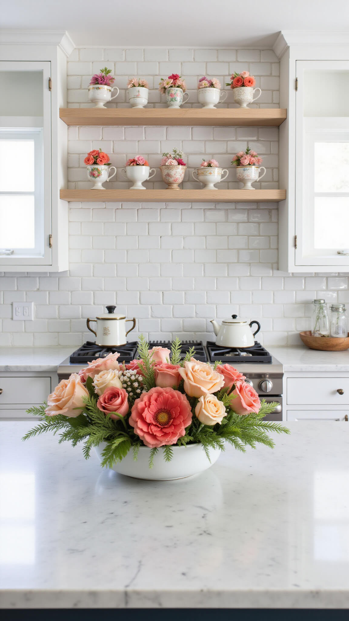 Bright kitchen with pearl subway tiles, marble island, vintage teacups with mini flowers on floating shelves, and coral-peach floral centerpiece.