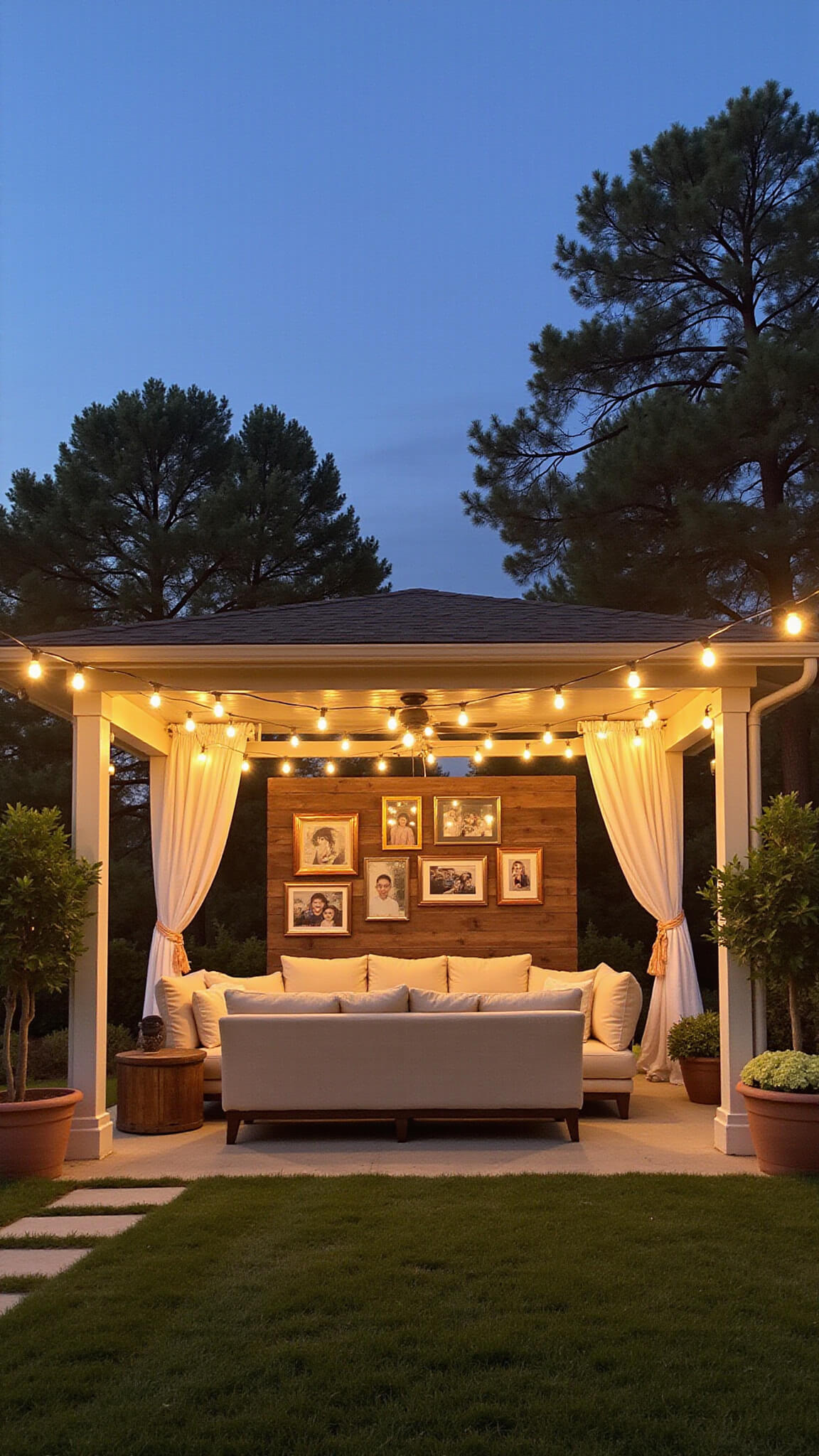 Twilight garden view of a modern patio with cream sofas, market lights overhead, a backlit DIY photo wall, potted hydrangeas, and string light curtains.