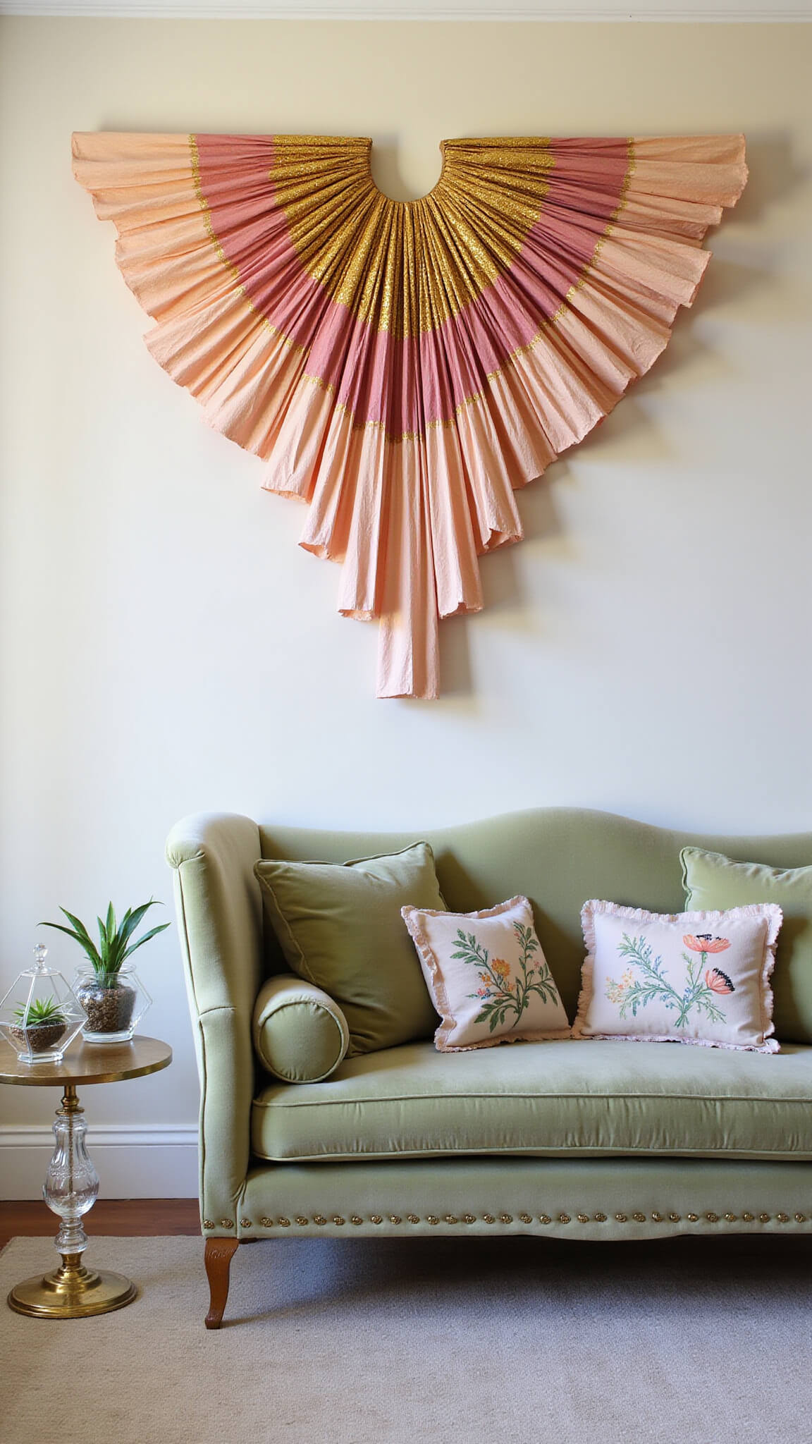 Victorian-style sitting room with sage velvet settee, ombré pink and gold tissue fanburst wall art, and crystal-brass side tables holding air plant terrariums.