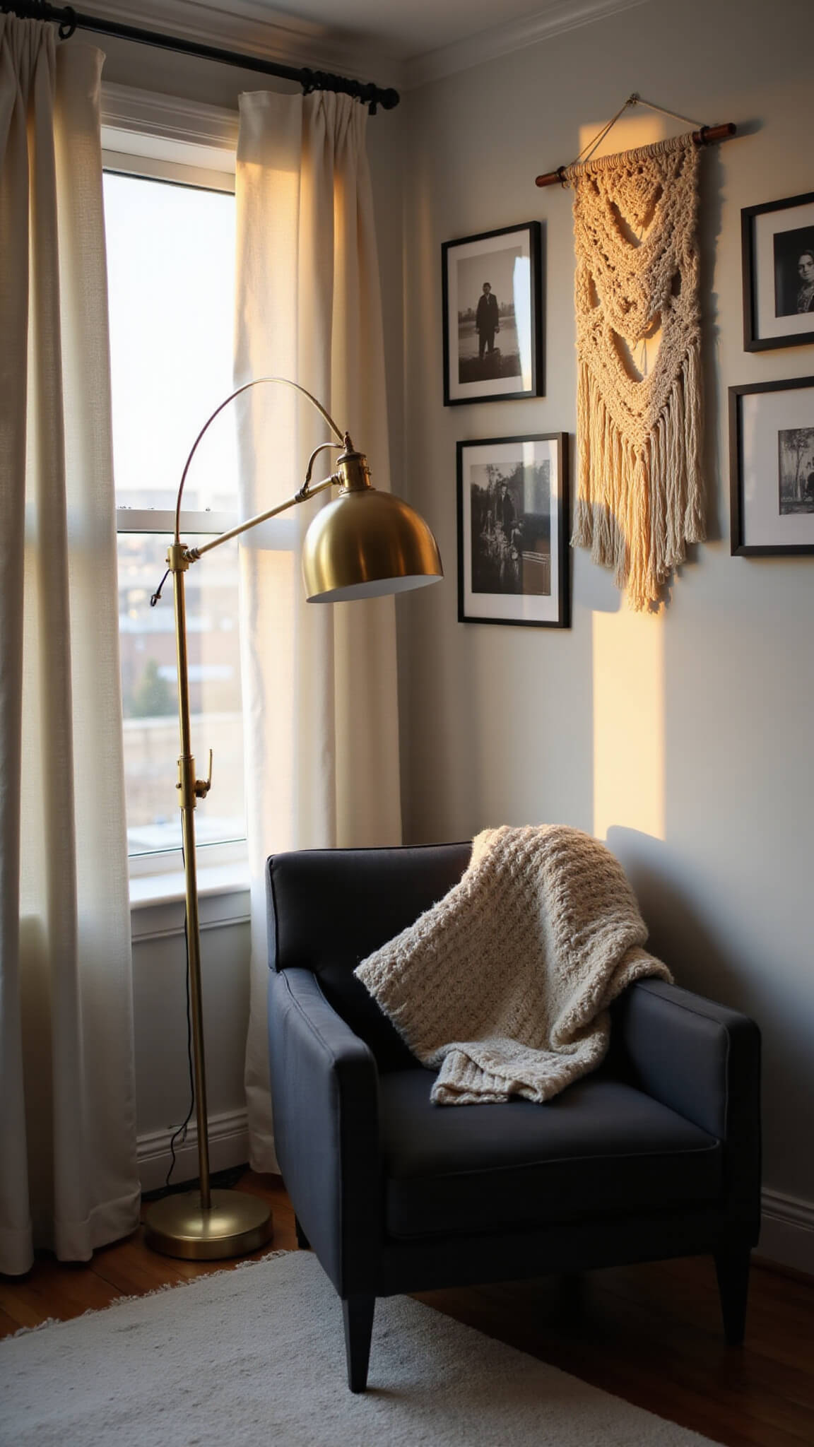 Cozy bedroom corner at golden hour with black reading chair, brass floor lamp, cream knit throw, and filtered light on black-and-white gallery wall.