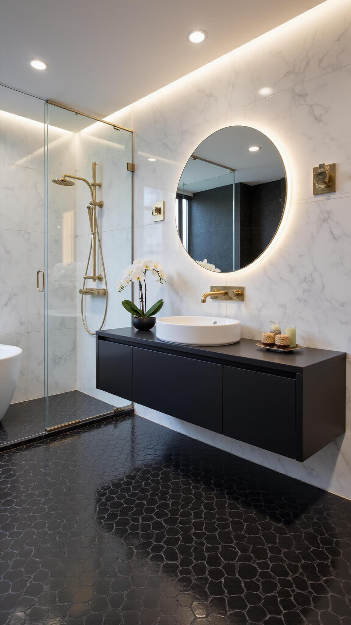 Overhead view of elegant ensuite bathroom with black hexagon tiles, white marble walls, matte black floating vanity, backlit round mirror, and brass fixtures.