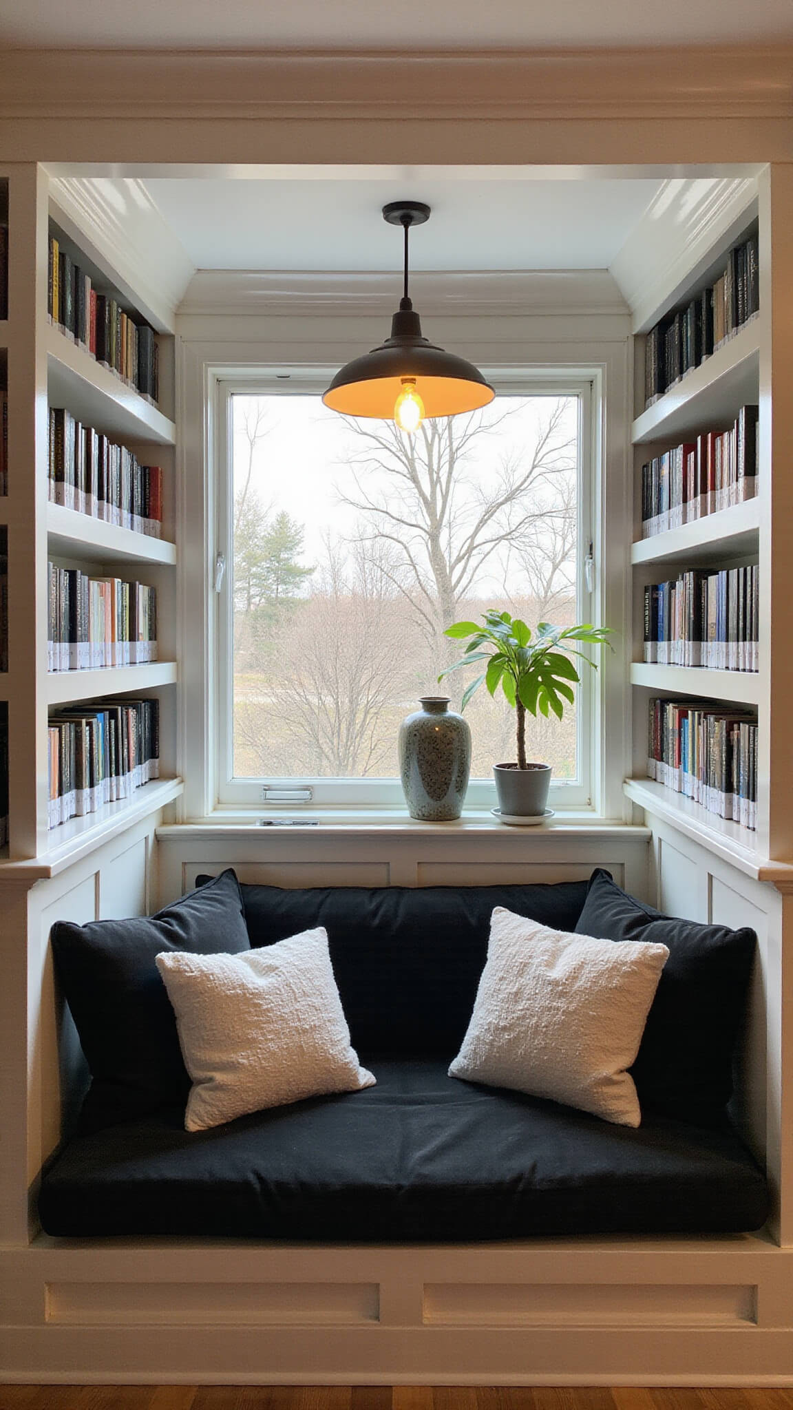 Cozy 8x10ft reading nook at dusk with built-in bookshelves, black velvet window seat, fiddle leaf fig, and warm pendant lighting.