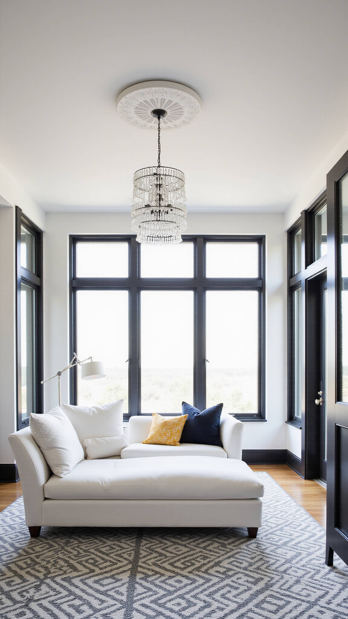 Wide-angle view of a bright 16x20ft open concept bedroom and sitting area with slip-covered chaise, geometric rug, crystal chandelier, and black steel-framed windows with white sheers.