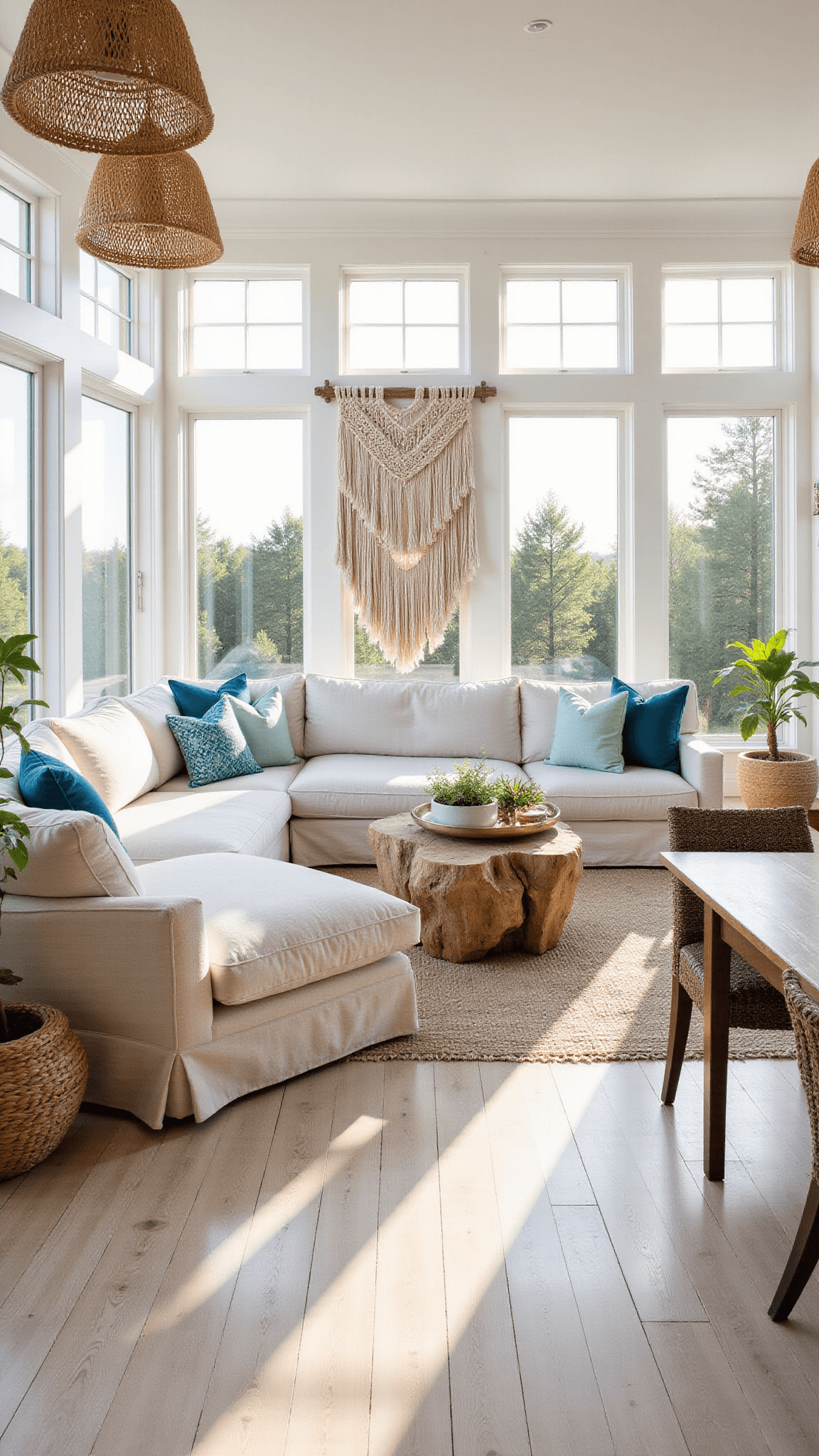 Sunlit coastal living room with ivory sectional, layered rugs, rattan pendants, and driftwood accents in an airy, serene space.
