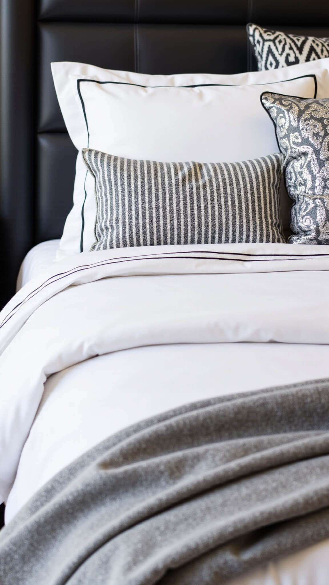 Close-up of layered black and white bedding on king bed with crisp duvet, striped throws, patterned pillows, metallic accent pillow, and black lacquered headboard in background.